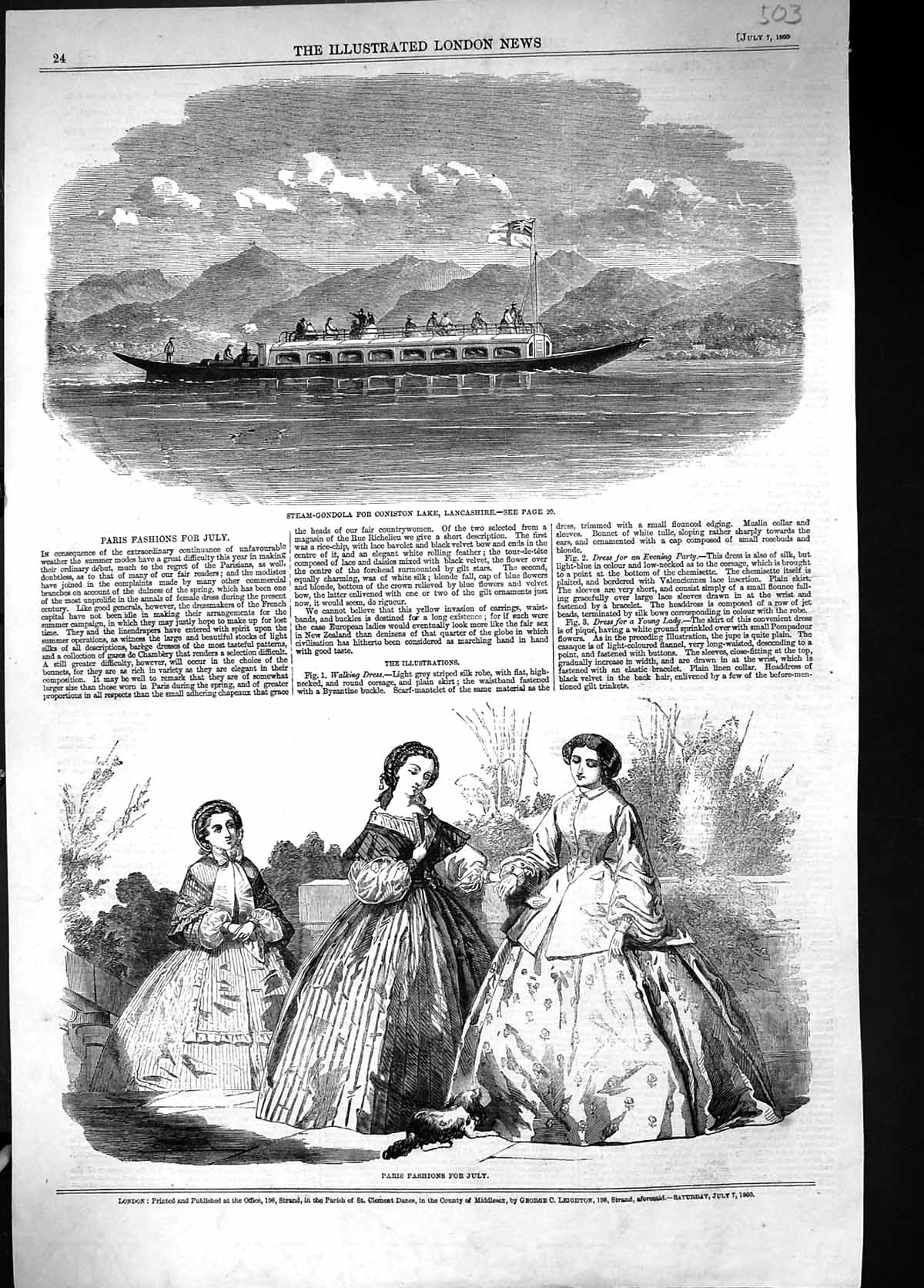 Old Steam-Gondola Coniston Lake Lancashire 1860 Ladies Paris Fashion Victorian