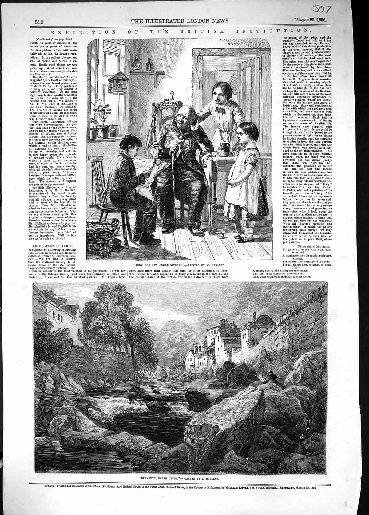 Old 1856 View Lynmouth Devon River Architecture Family Reading Newspa Victorian