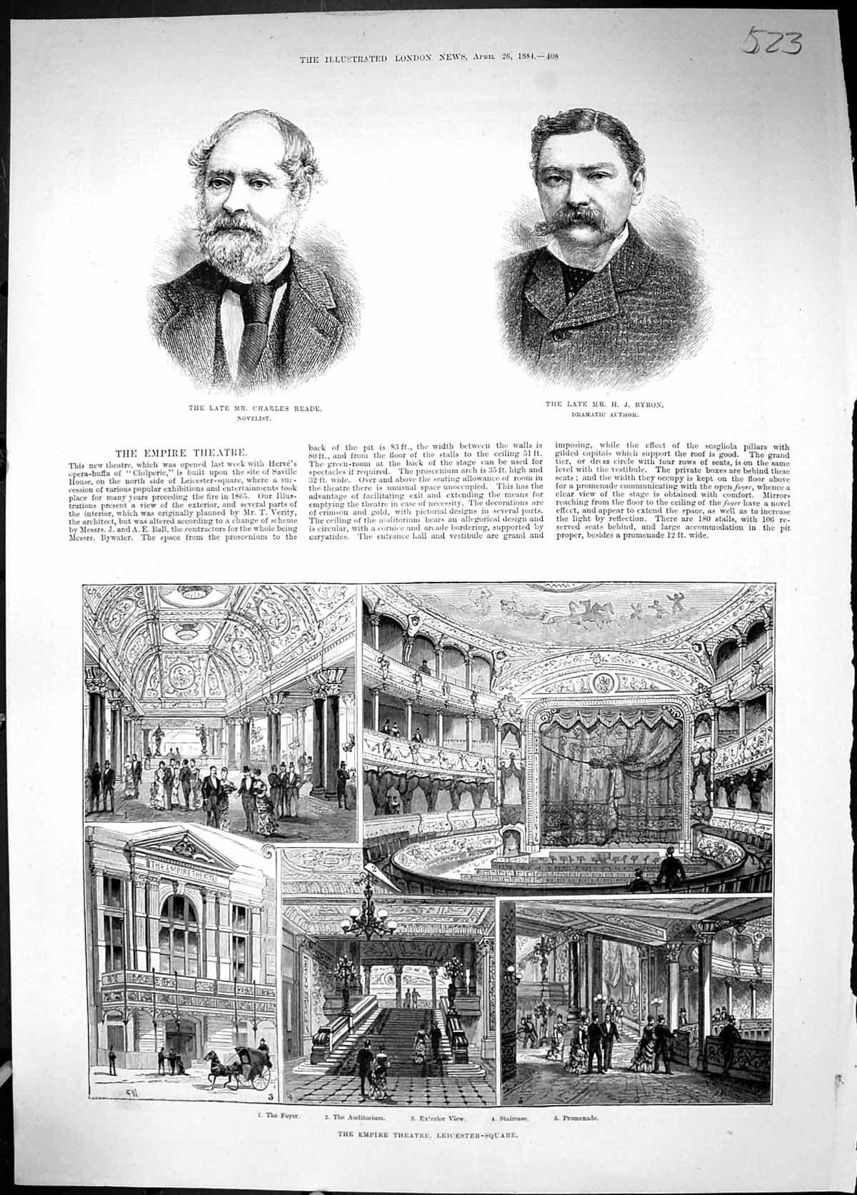 Old 1884 Charles Reade Byron Author Empire Theatre Leicester Square A Victorian