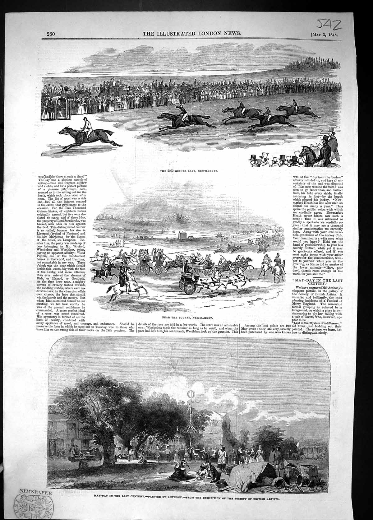 Old 1845 Horse Racing 2000 Guinea Race Newmarket May-Day Entertainmen Victorian
