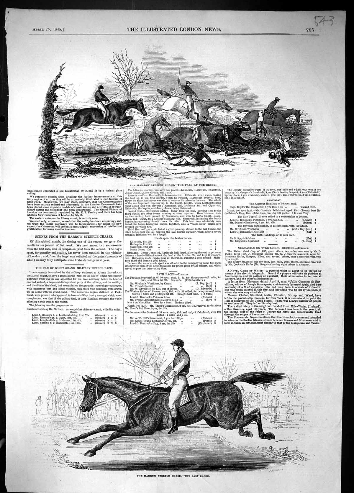 Antique Print 1845 Horse Racing Harrow Steeplchase Fall Brook Sport Jockeys