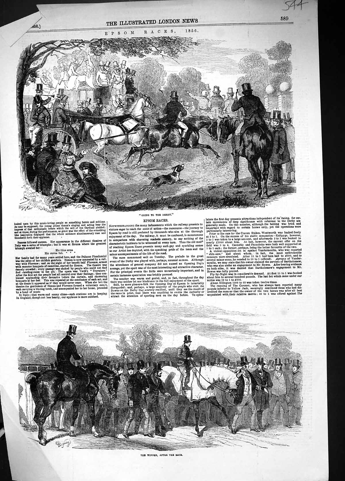 Original Old Antique Print 1856 Epsom Horse Racing Sport Winning Jockey 19th