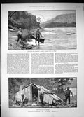 Old 1890 Angling Fishing Miramichi Salmon Gaffing Birch-Bark Camp Ang Victorian