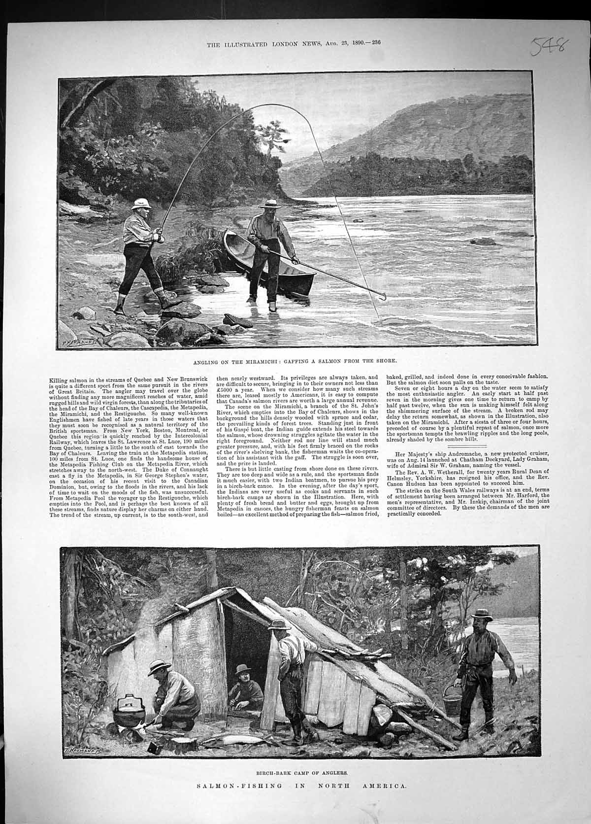 Old 1890 Angling Fishing Miramichi Salmon Gaffing Birch-Bark Camp Ang Victorian