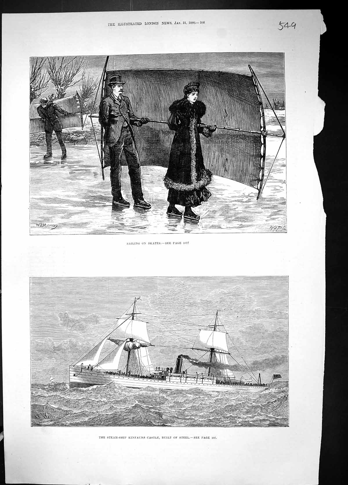 Antique Old Print 1880 Sailing Ice Skating Steam Ship Kinfauns Castle Steel