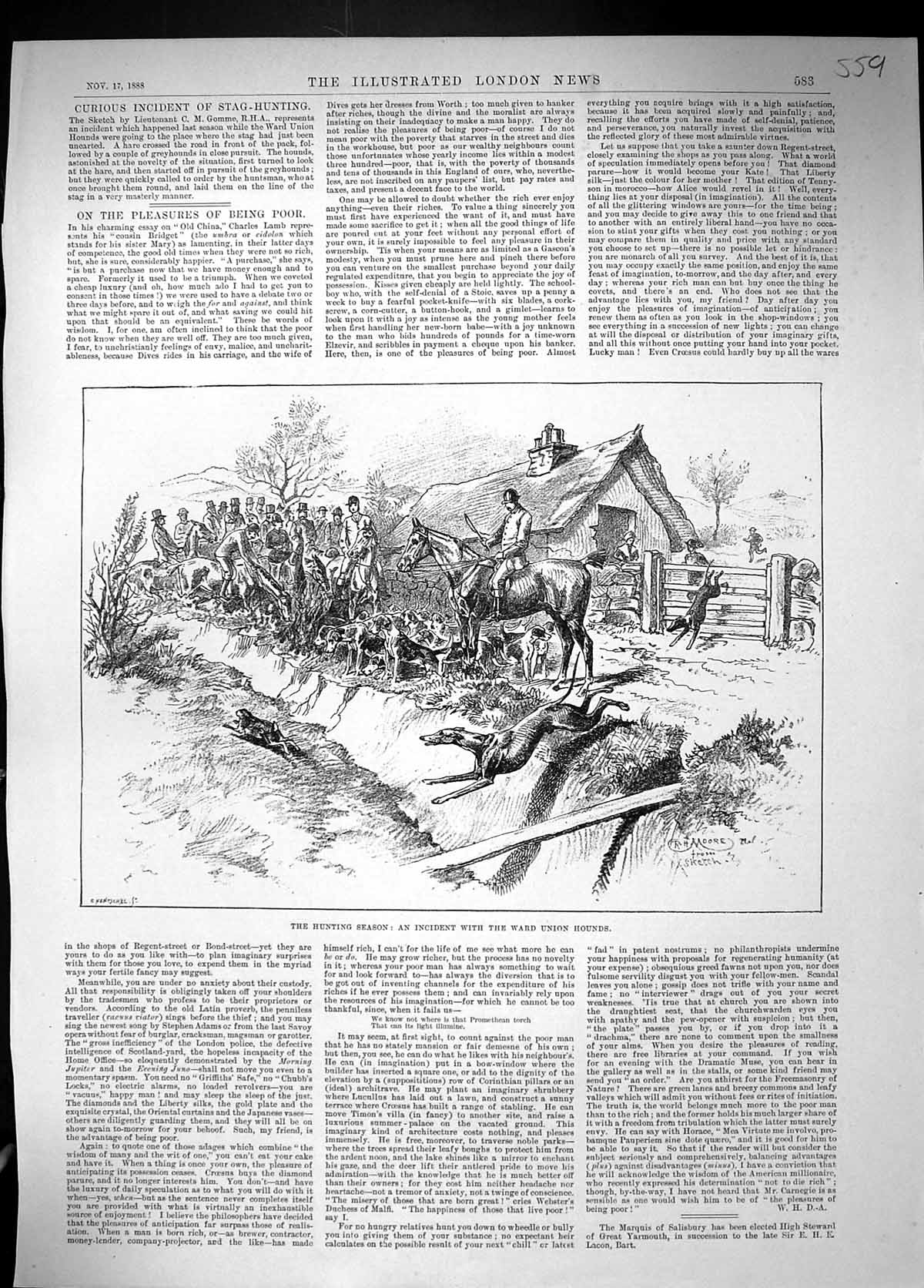 Old 1888 Hunting Season Ward Union Hounds Jumping Ditch Hare Horses S Victorian