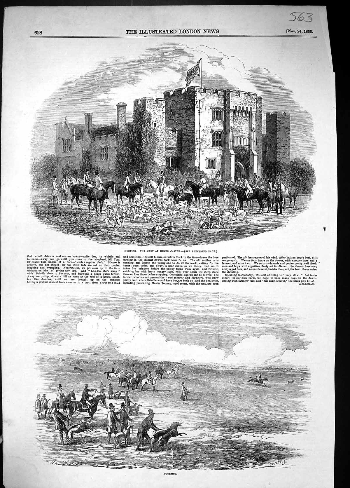 Old 1855 Hunting Hever Castle Hounds Horses Huntsmen Hare Coursing Sp Victorian