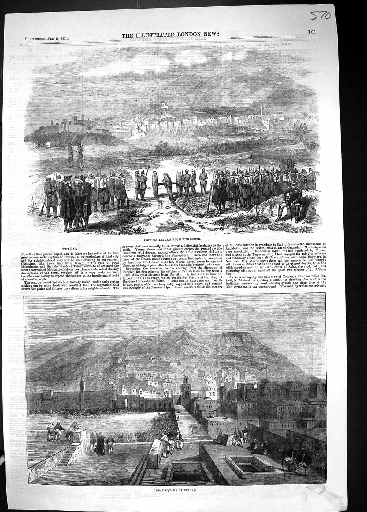 Original Old Antique Print 1860 View Tetuan Great Square Morocco North Africa