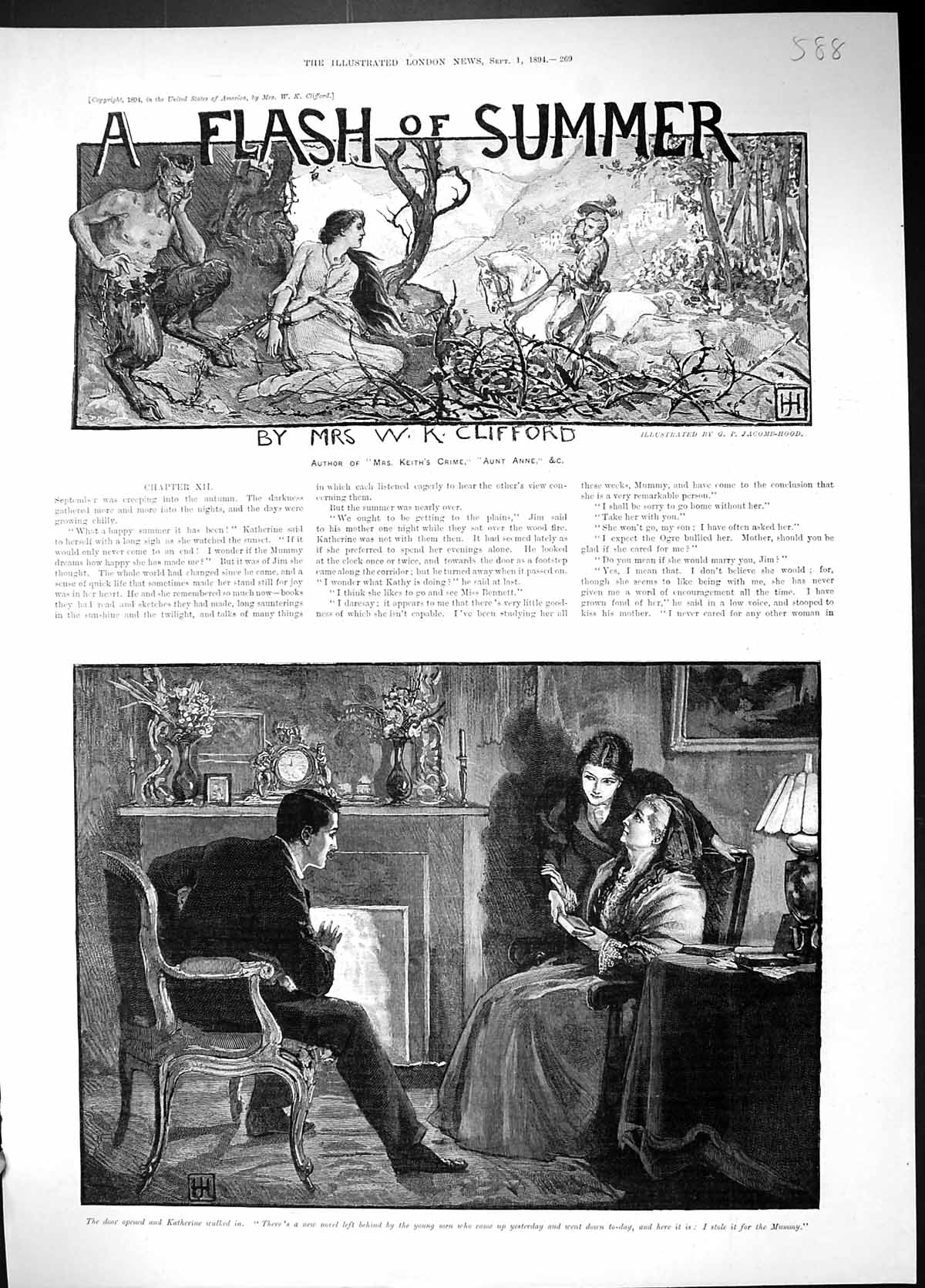 Antique Print 1894 Story Flash Summer Clifford Ladies Man Sitting Fireside 19th