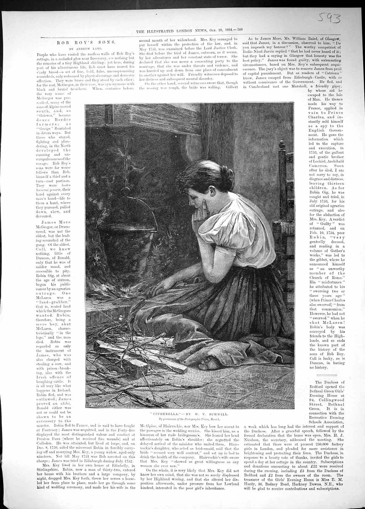 Antique Old Print 1894 Cinderella Young Woman Sitting Fireside Cooking Pot 19th