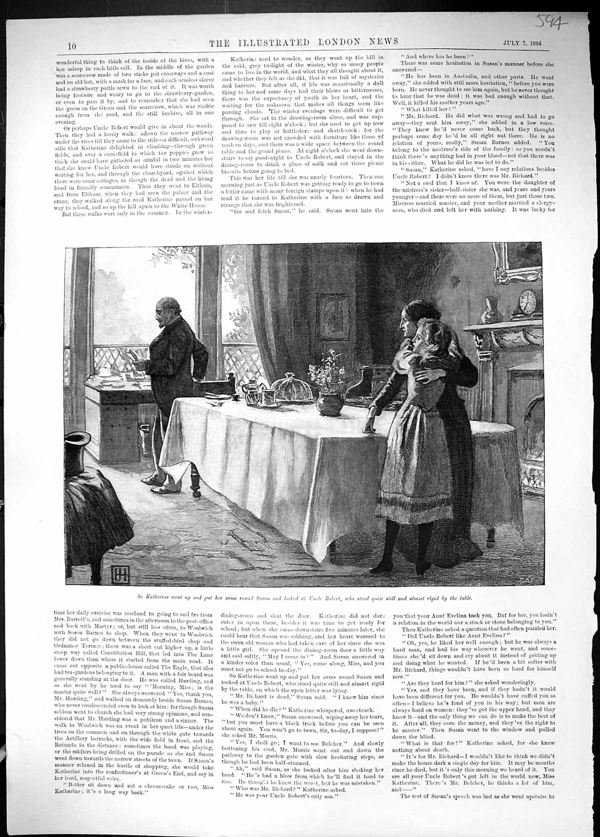 Antique Print 1894 Katherine Susan Uncle Robert Reading Letter House Table 19th