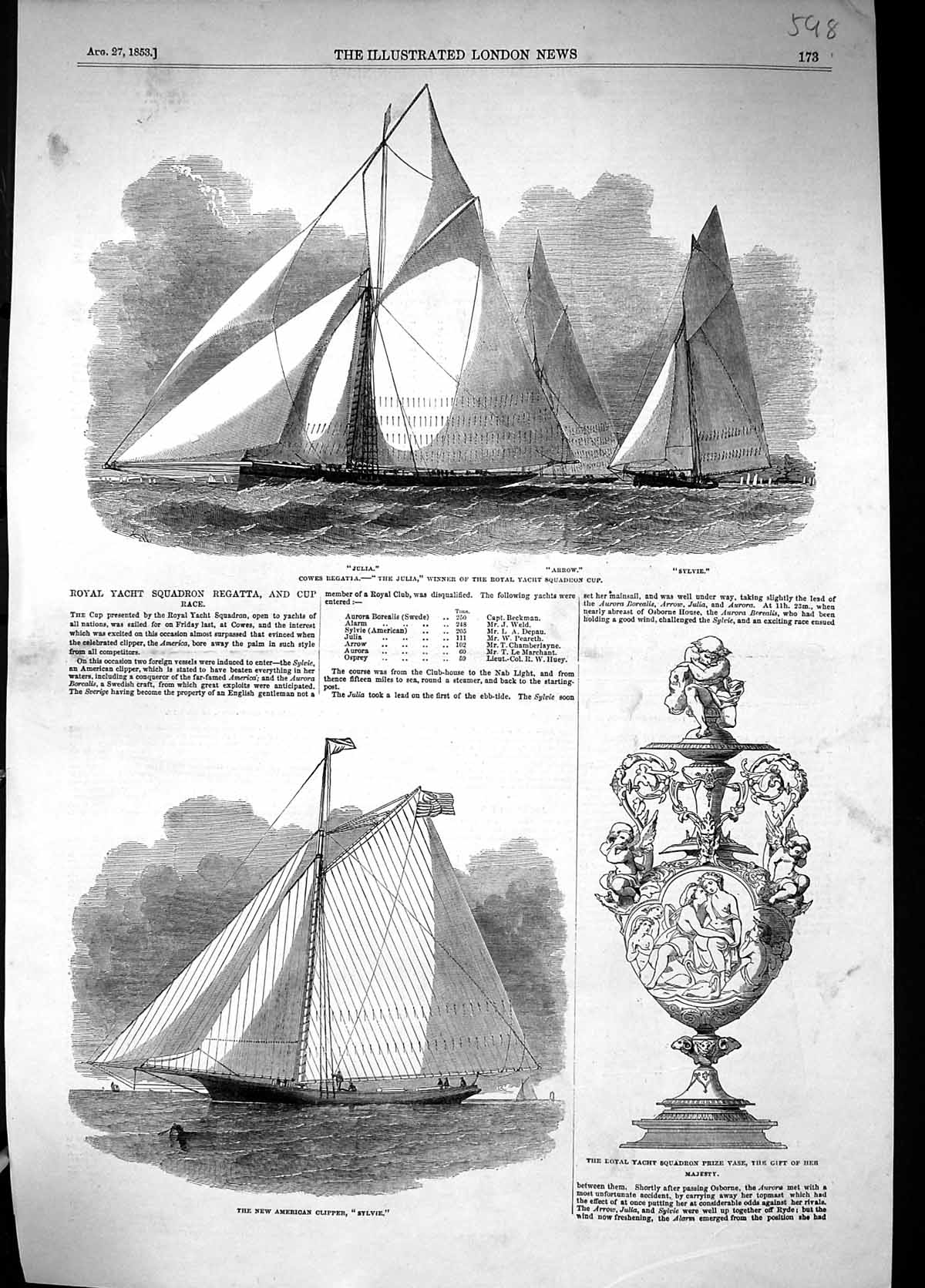 Old 1853 Cowes Regatta Julia Arrow Sylvie Yachts American Clipper Syl Victorian