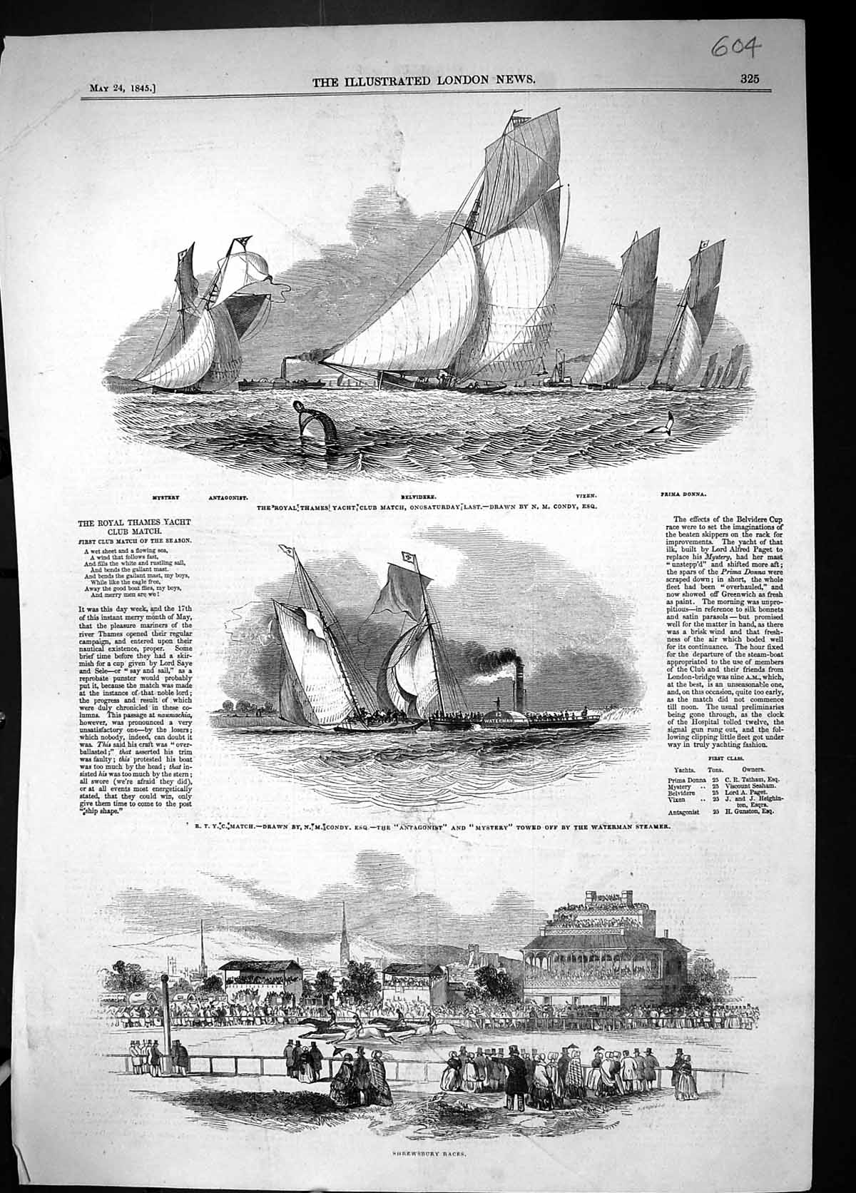 Old 1845 Thames Yacht Club Vixen Prima Donna Mystery Belvidere Shrews Victorian