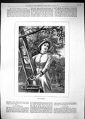 Original Old Antique Print 1881 Apple Gathering Trees Lady Ladder Basket 19th