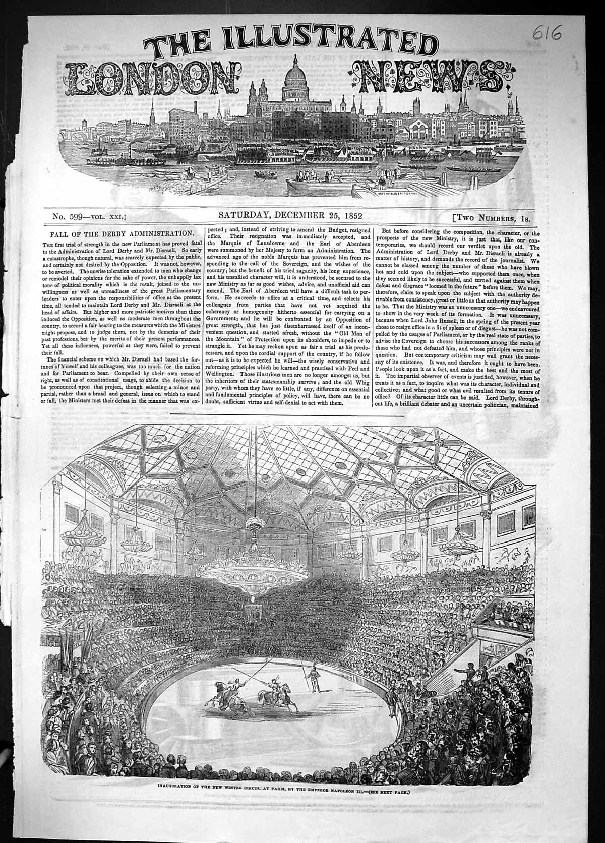Old Antique Print 1852 Inauguration Winter Circus Paris Emperor Napoleon 19th