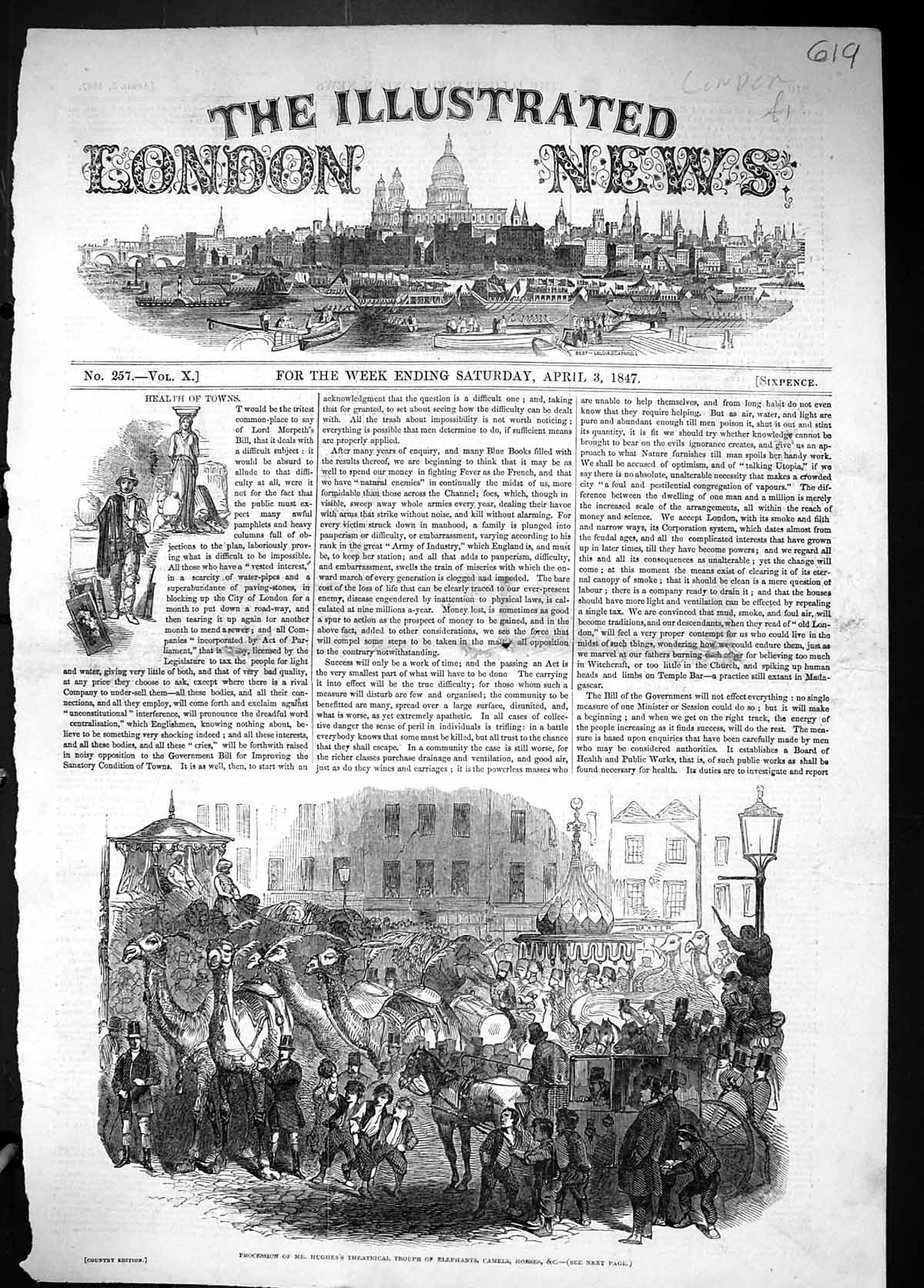 Old 1847 Procession Hughes Theatrical Troupe Elephants Camels Horses Victorian