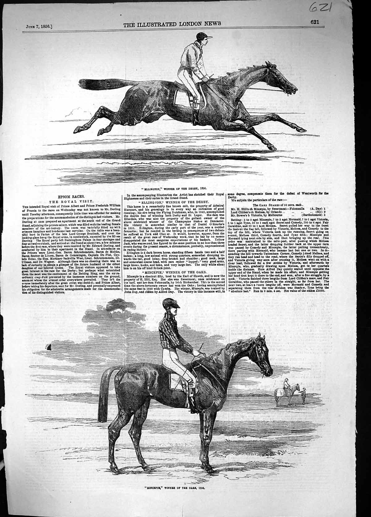 Antique Print 1856 Ellington Horse Winner Drby Mincepie Oaks Jockeys Sport 19th