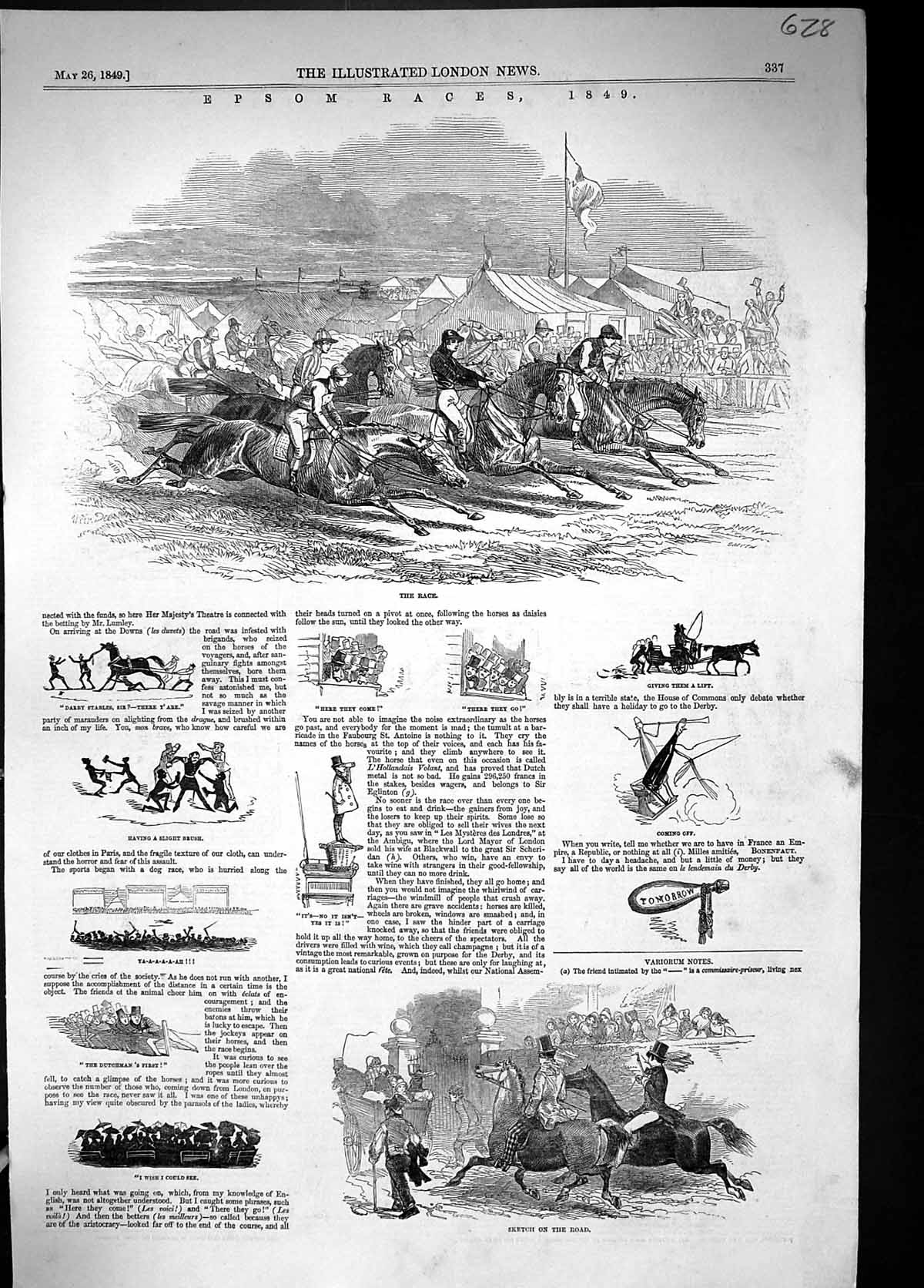 Original Old Antique Print 1849 Epsom Horse Racing Jockeys Sport Spectators