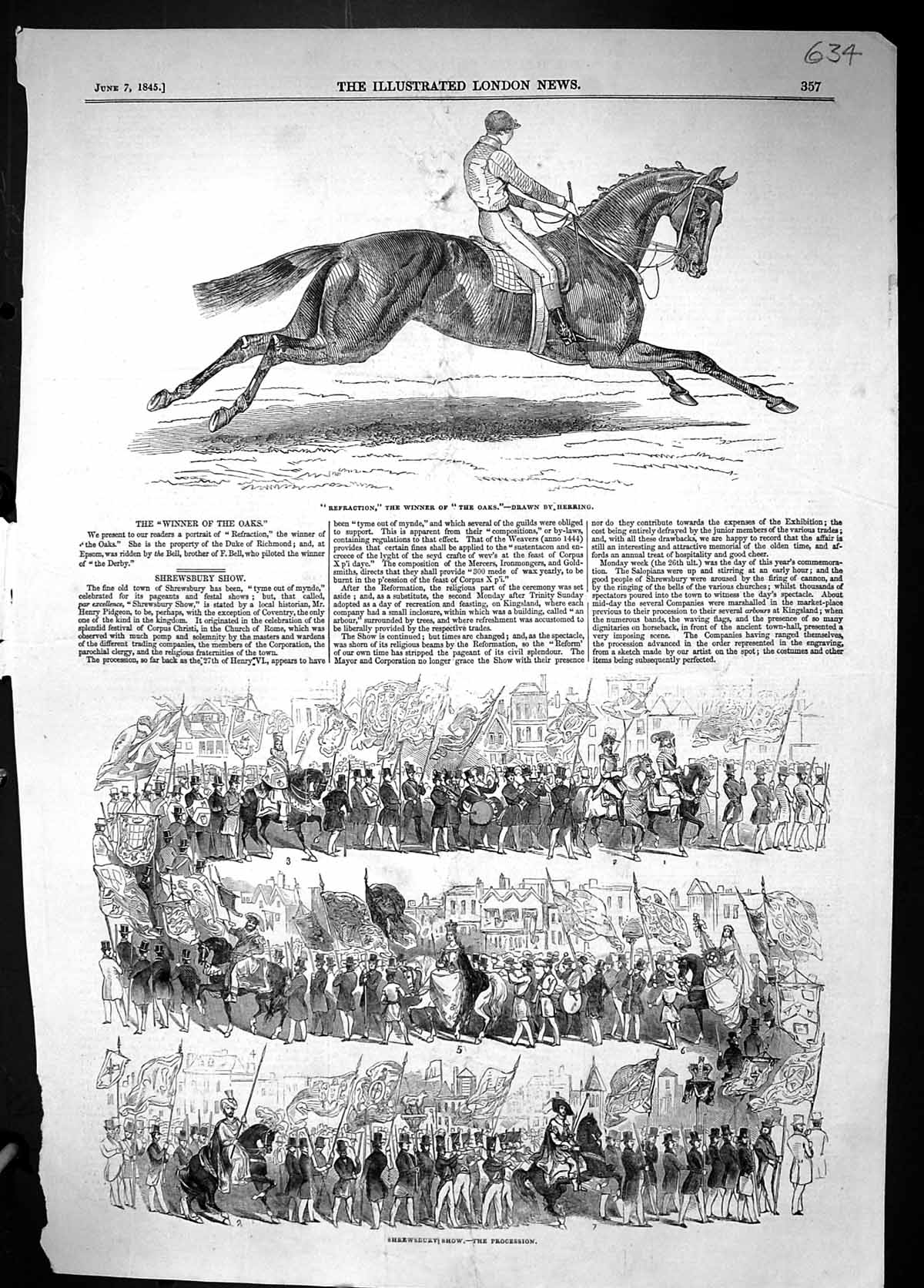 Old 1845 Refraction Horse Winner Oaks Sport Shrewsbury Show Processio Victorian