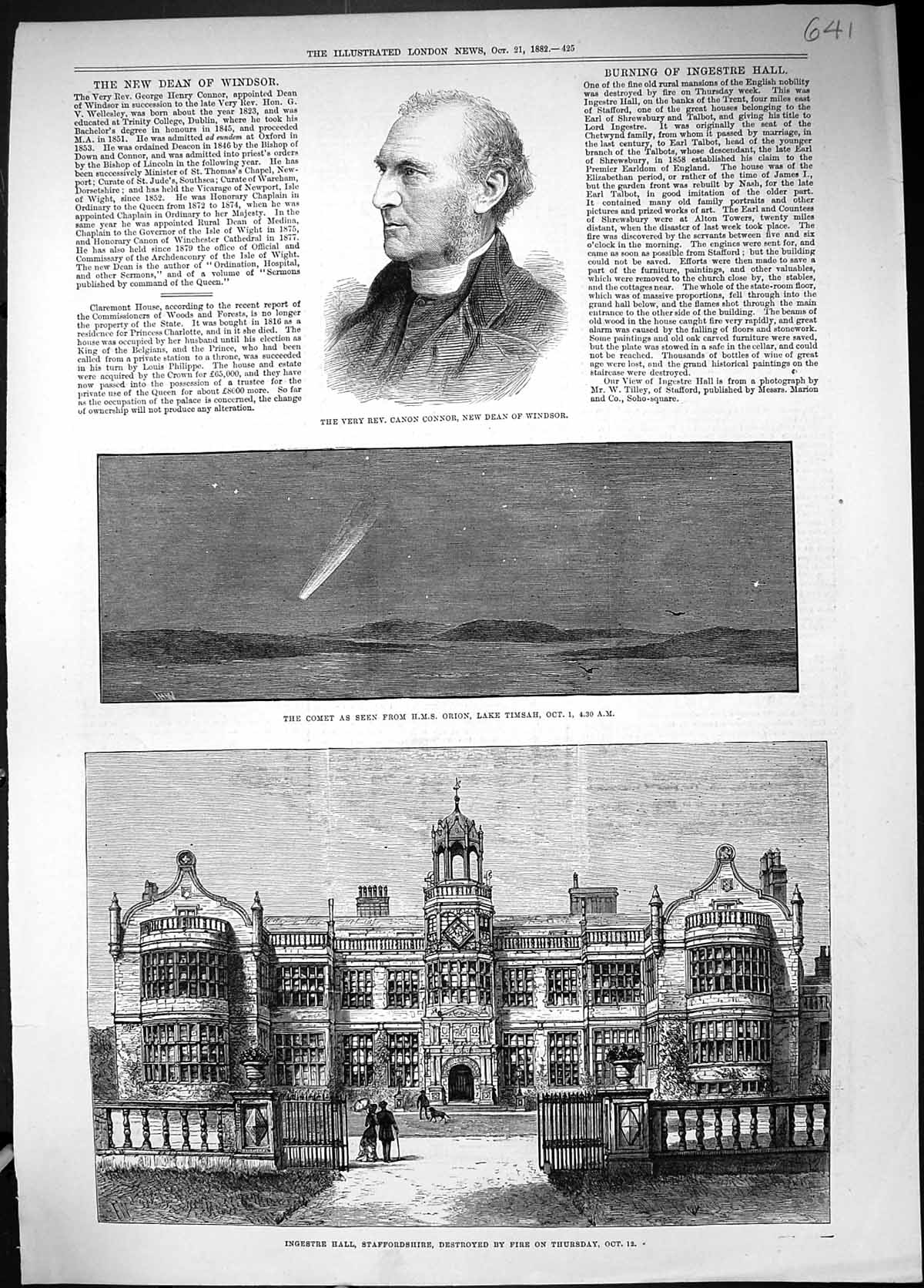 Old 1882 Canon Connor Dean Windsor Comet Lake Timsah Ingestre Hall St Victorian