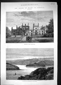 Old Antique Print 1880 Tregothnan Castle Architecture River Fal Cornwall 19th