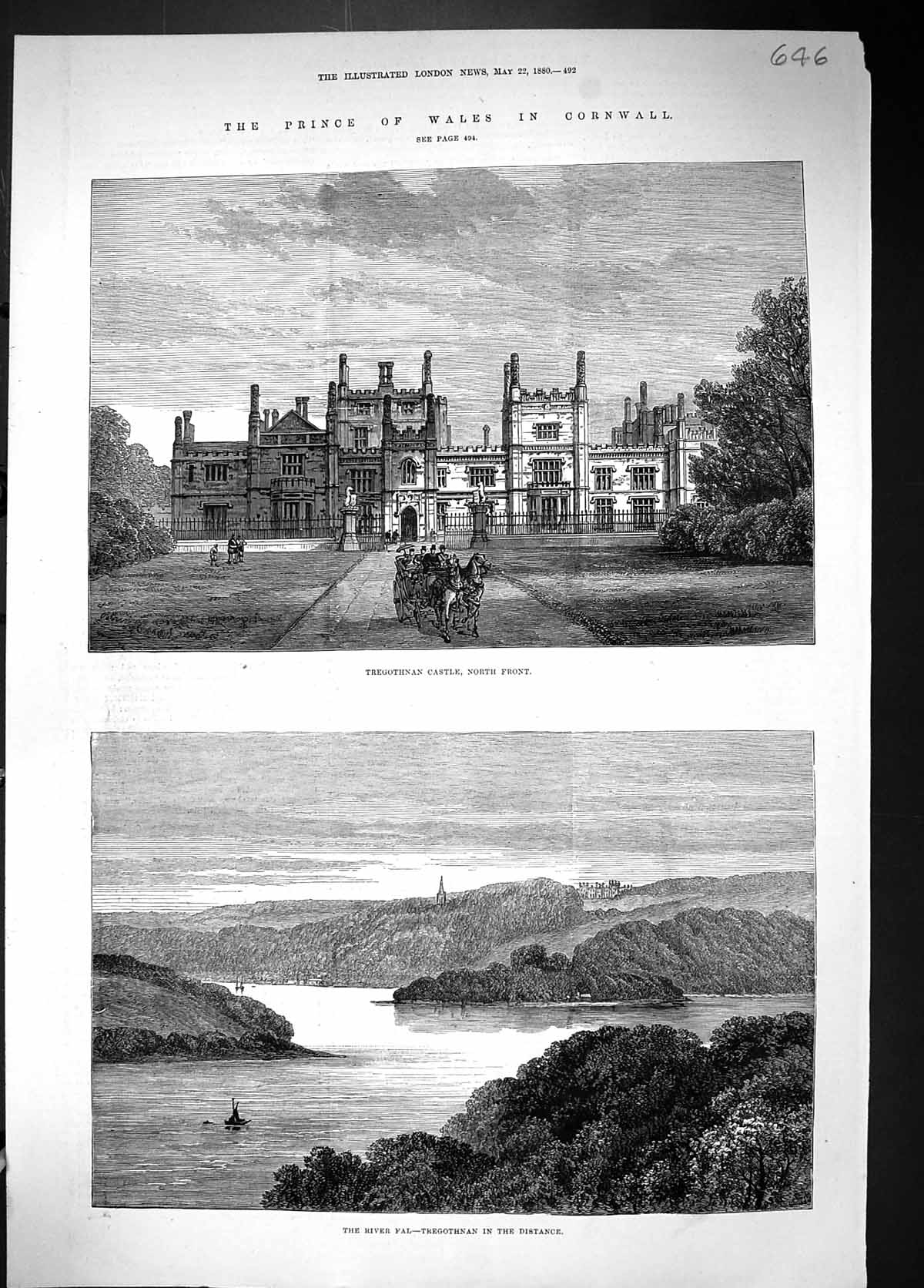 Old Antique Print 1880 Tregothnan Castle Architecture River Fal Cornwall 19th