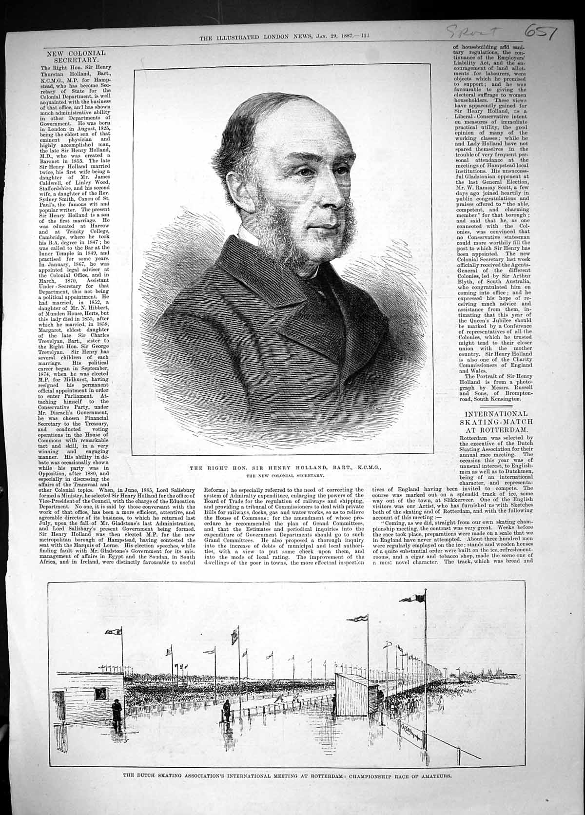 Old 1887 Sir Henry Holland Colonial Secretary Dutch Ice Skating Rotte Victorian