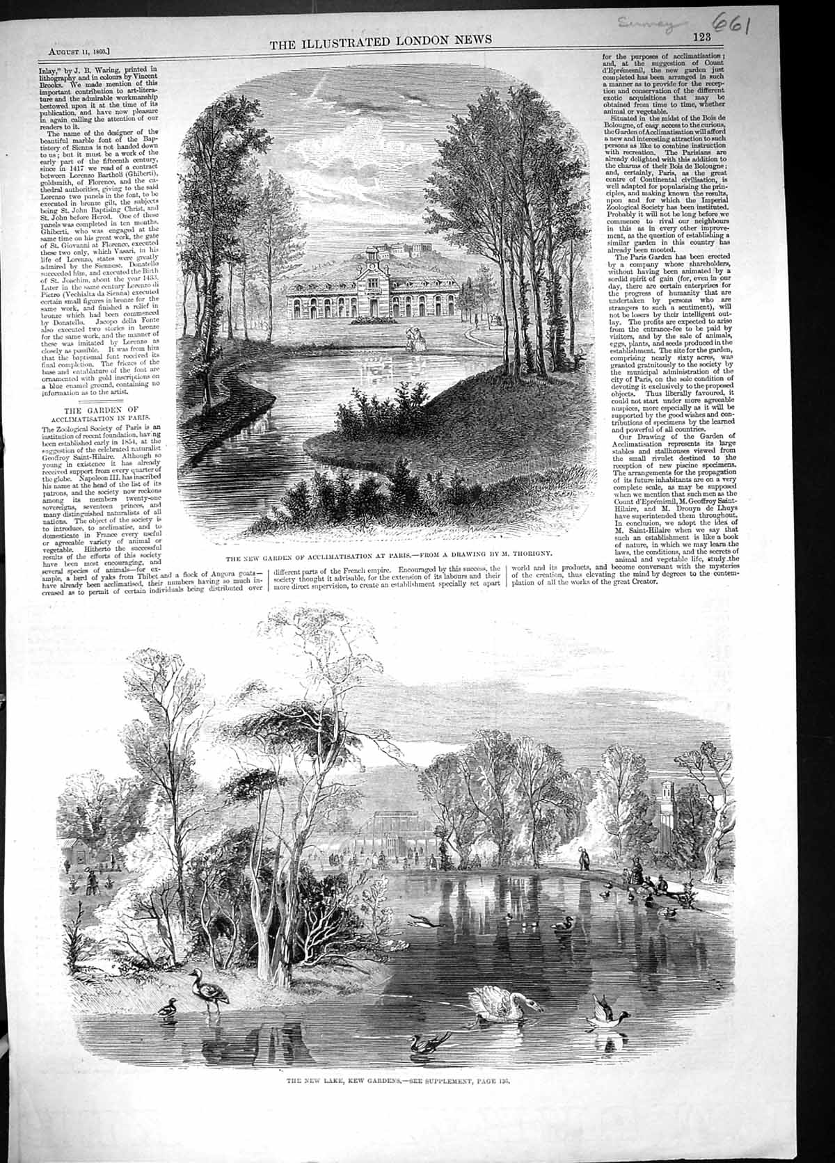 Antique Old Print 1860 Garden Acclimatisation Paris Lake Kew Gardens London