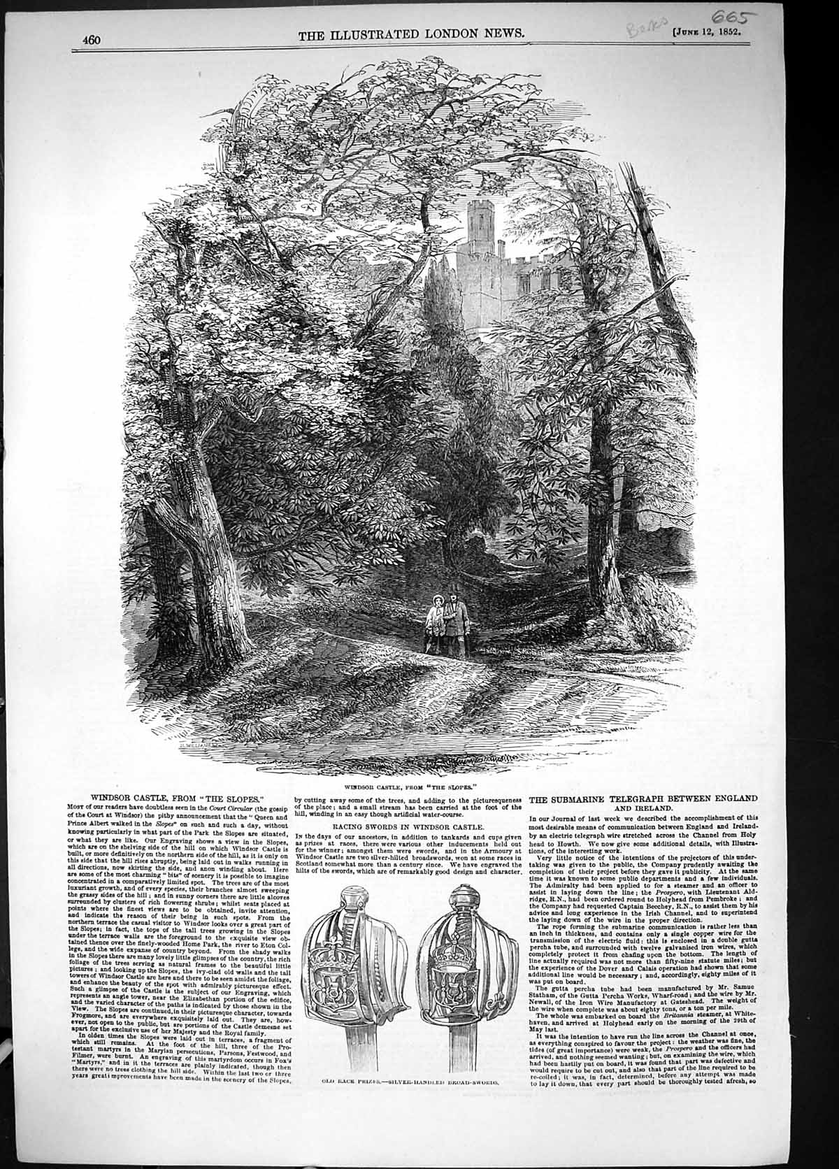 Antique Print 1852 Windsor Castle Slopes Race Prizes Silver Handled Broad S