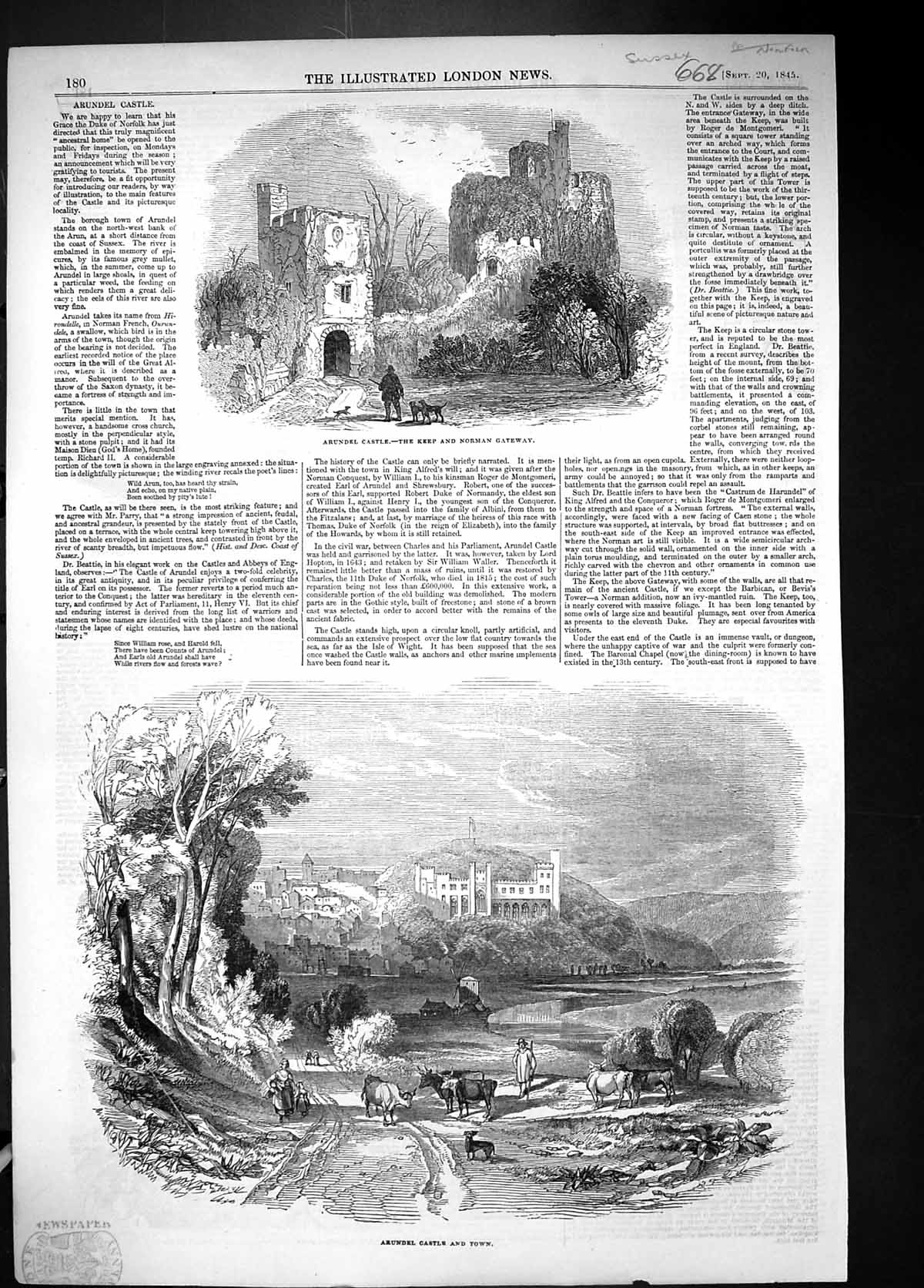 Original Old Antique Print 1845 Arundel Castle Keep Norman Gateway Architecture