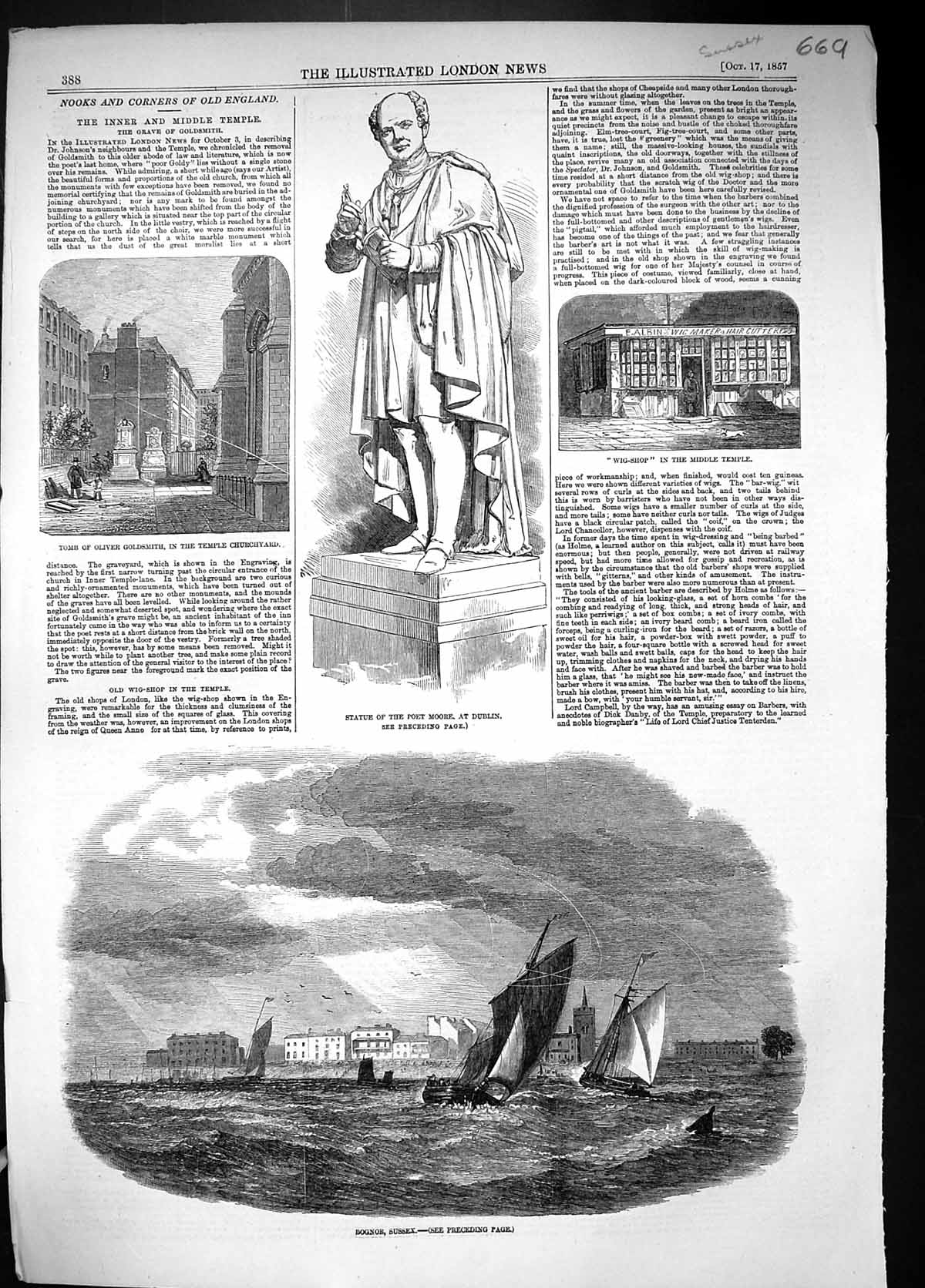 Old Print 1857 Statue Poet Moore Dublin Bognor Sussex Tomb Oliver Gsmith 19th