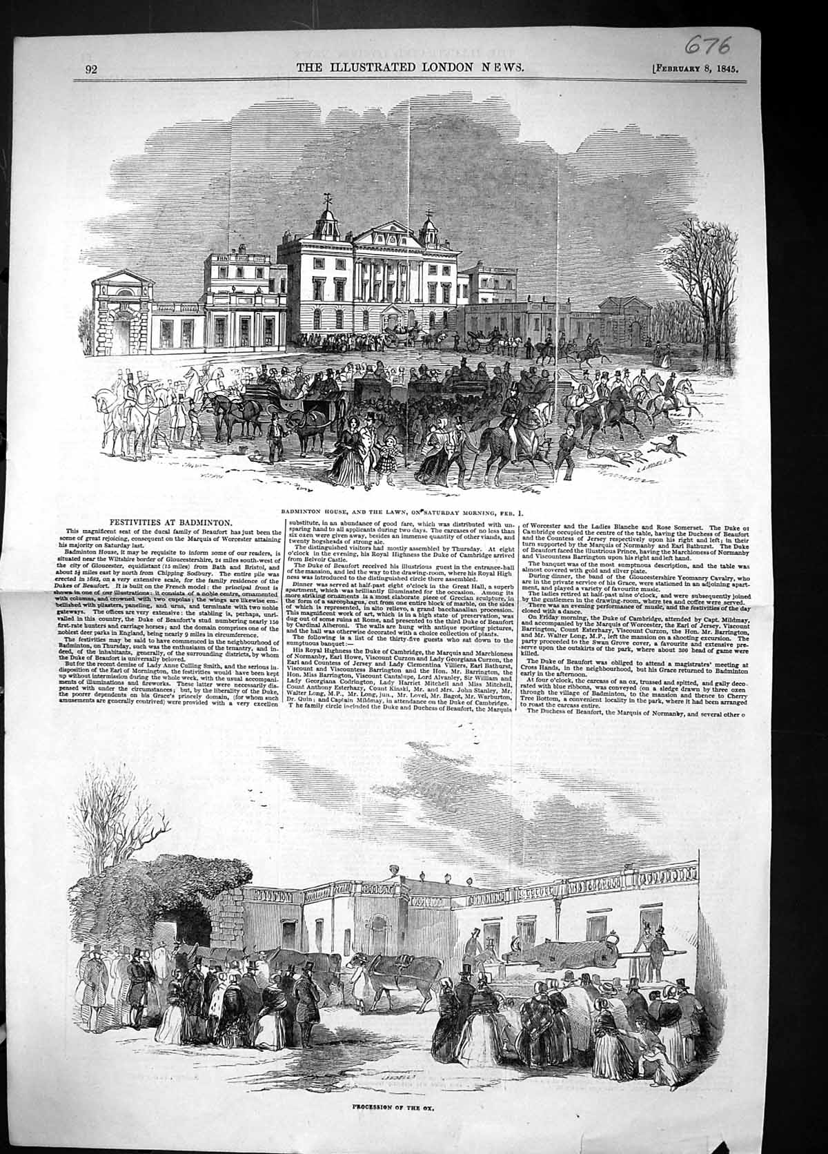 Antique Print 1845 Badminton House Laws Building Architecture Procession Ox