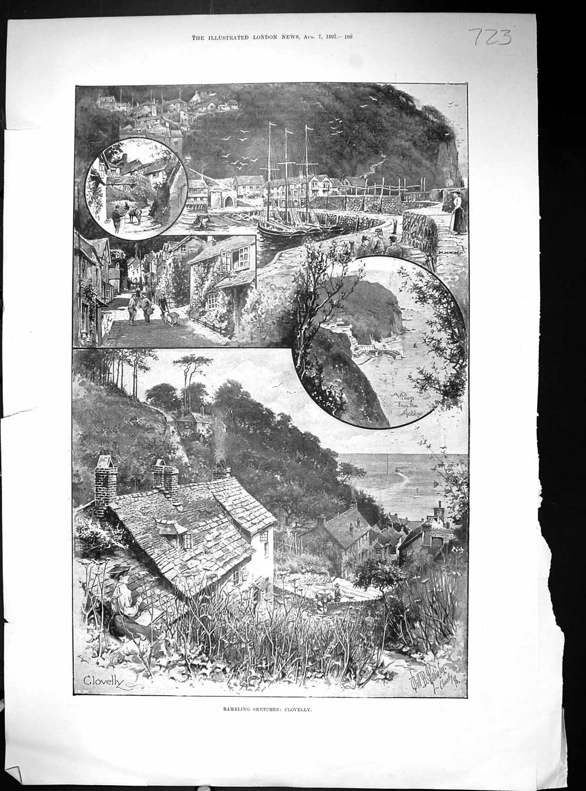 Old 1897 Clovelly North Street Quay Houses Man River Boat Nantes Trav 19th
