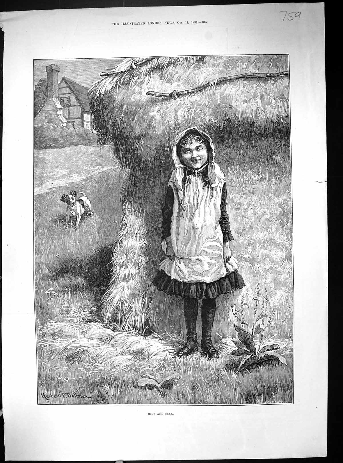 Old 1884 Hide Seek Little Girl Farmyard Haystack Puppy Dog Parisian S 19th