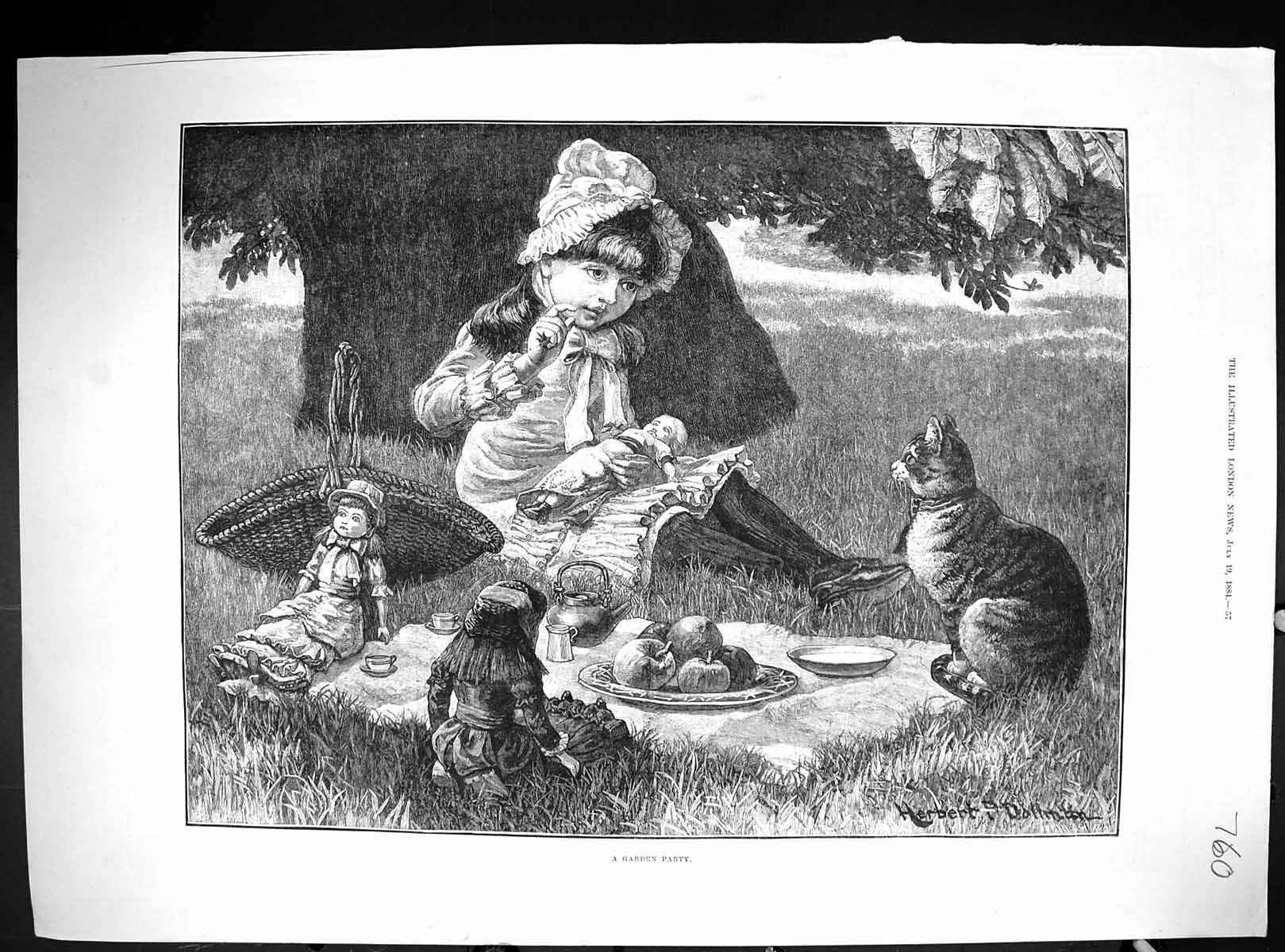 Old 1884 Garden Party Little Girl Dolls Cat Garden Scene Court Nation 19th