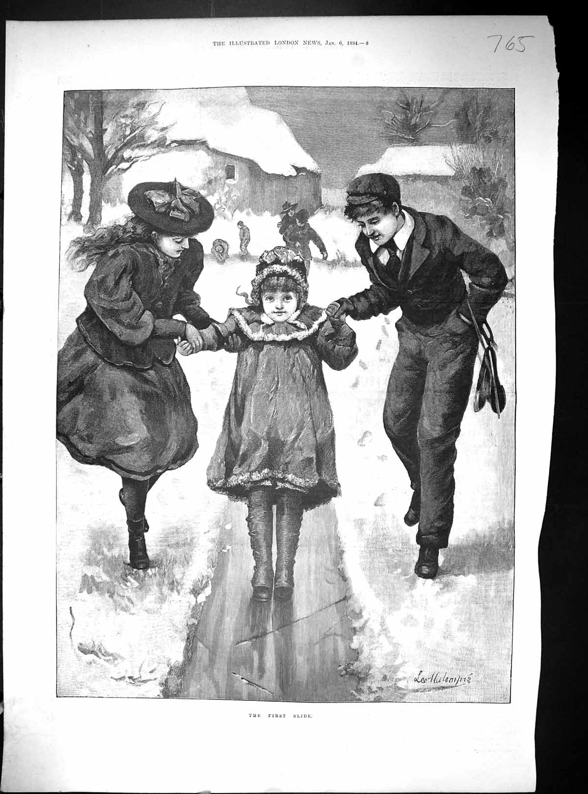 Old 1894 Children Winter Fun Snow Slide Theodore Fry Leonard BentleyVictorian