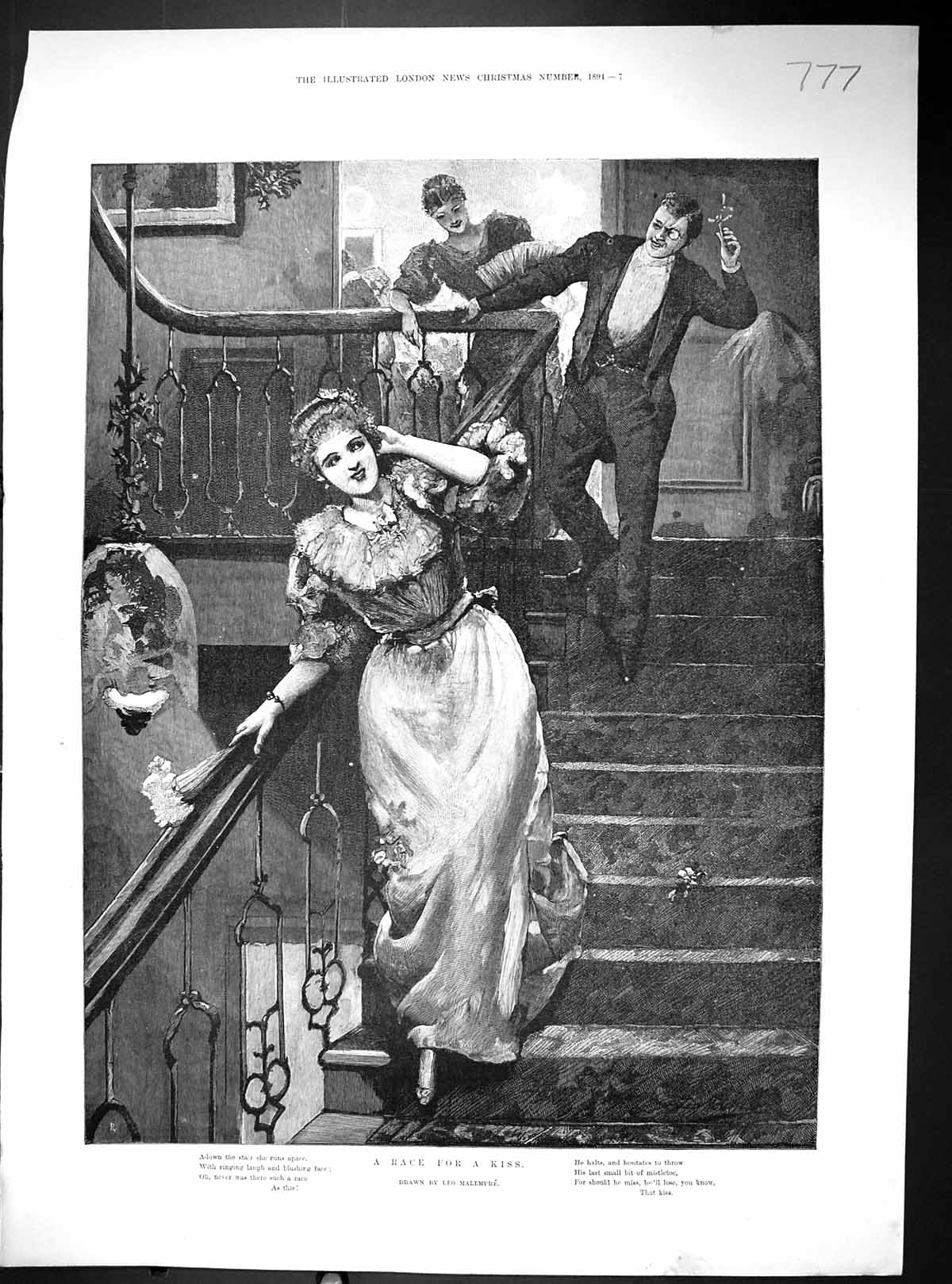 Old 1894 Romance Race Down Stairs Christmas Kiss Mistletoe Carl Princ 19th