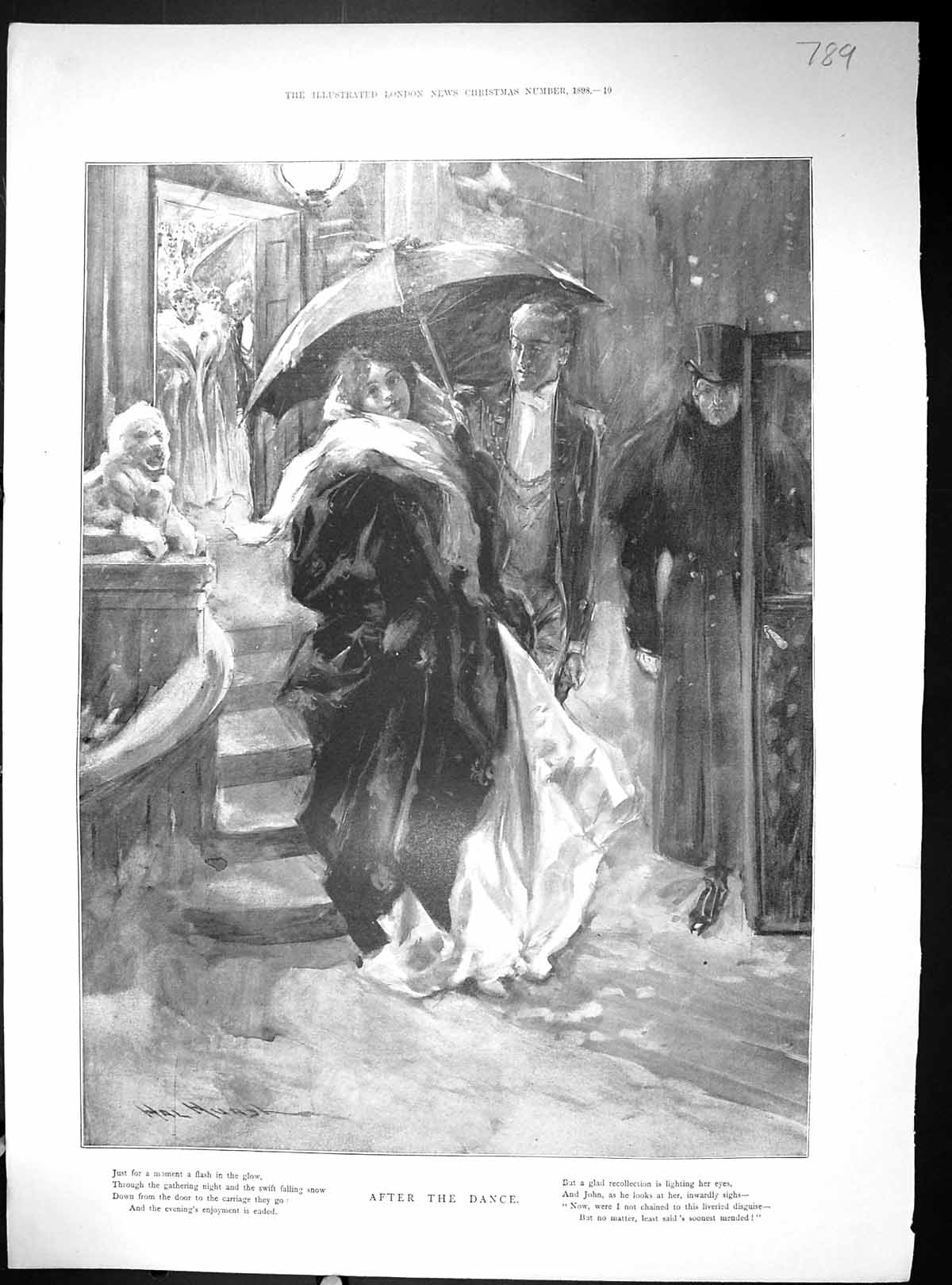 Antique Old Print 1898 Scene After Dance Winter Snow House Window Moonlight
