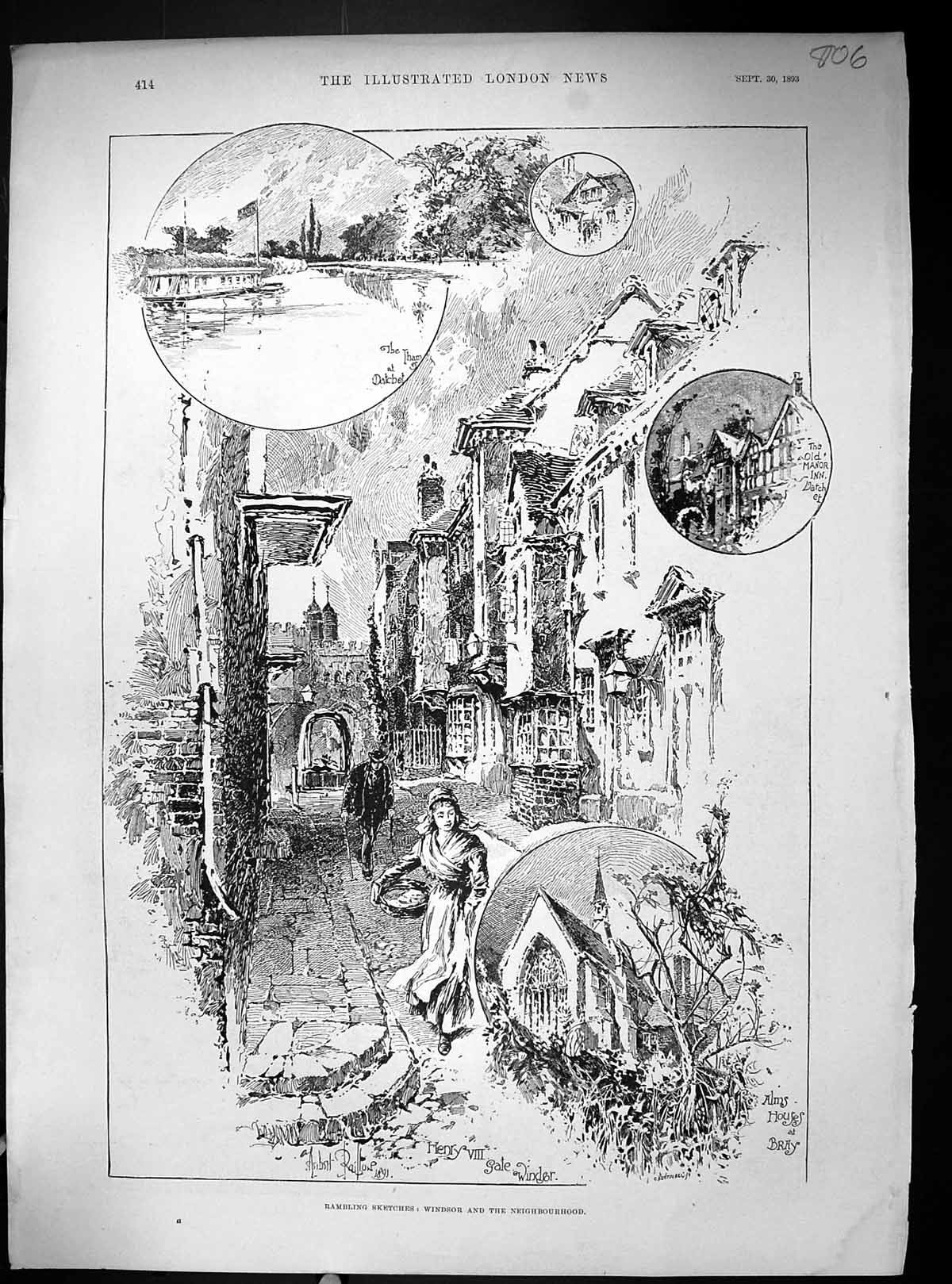 Old Print 1893 Windsor River Thames Manor Inn Alms Houses Michaelmas Ge 19th