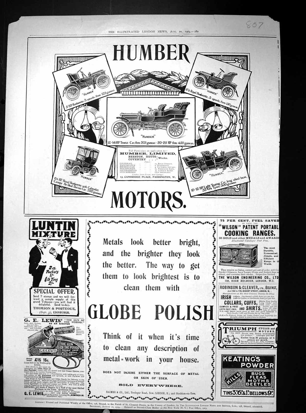 Old 1904 Humber Motors Globe Polish Dewars Whisky Cuticura Soap Fishe 20th