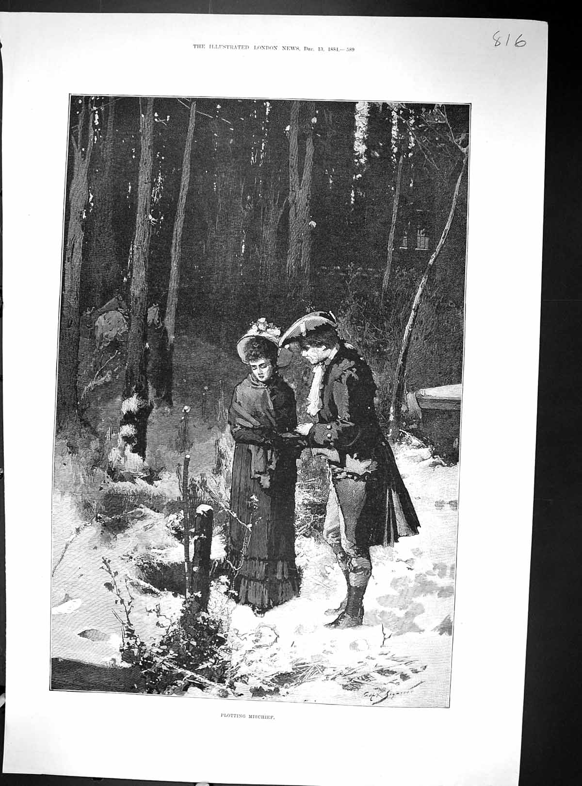 Old 1884 Plotting Mischief Man Lady Snow Forest Advertisement MappinVictorian