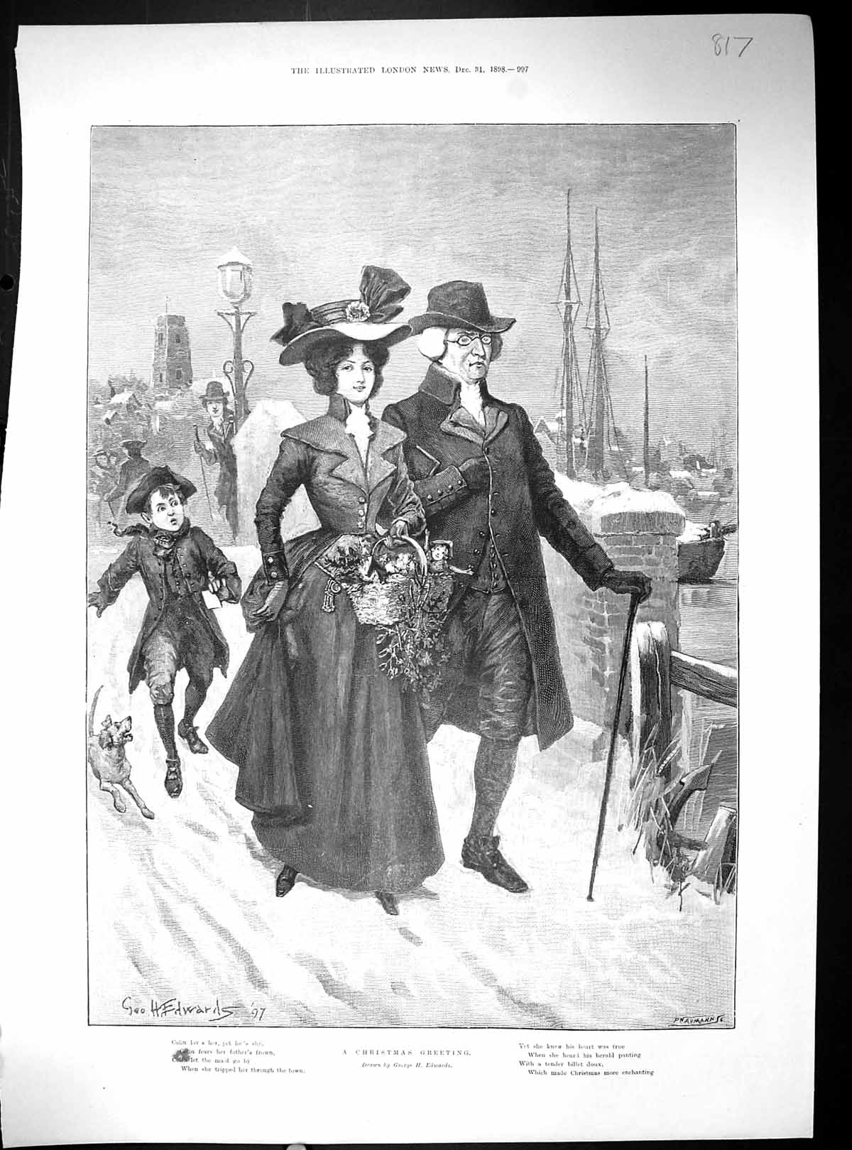 Old 1898 Christmas Greeting Family Winter Snow Mistress Pru Stream Br 19th