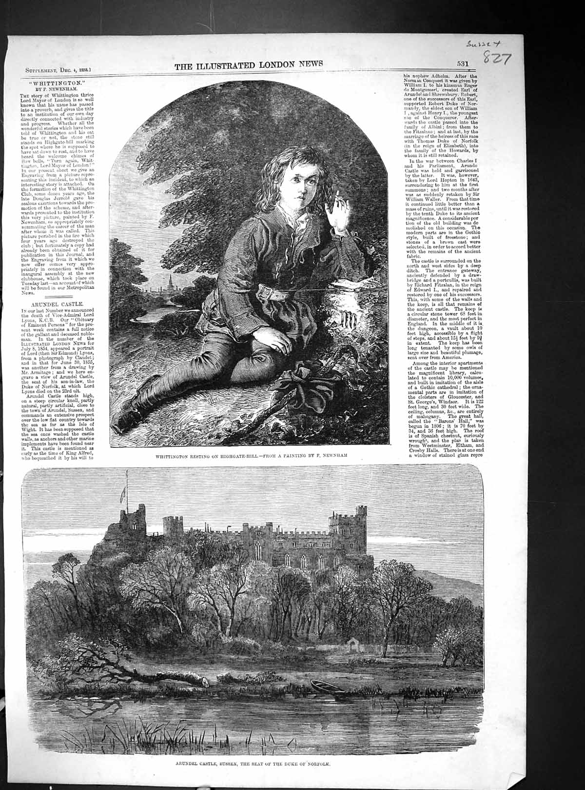 Old 1858 Arundel Castle Duke Norfolk Whittington Highgate Hill Plan L 19th