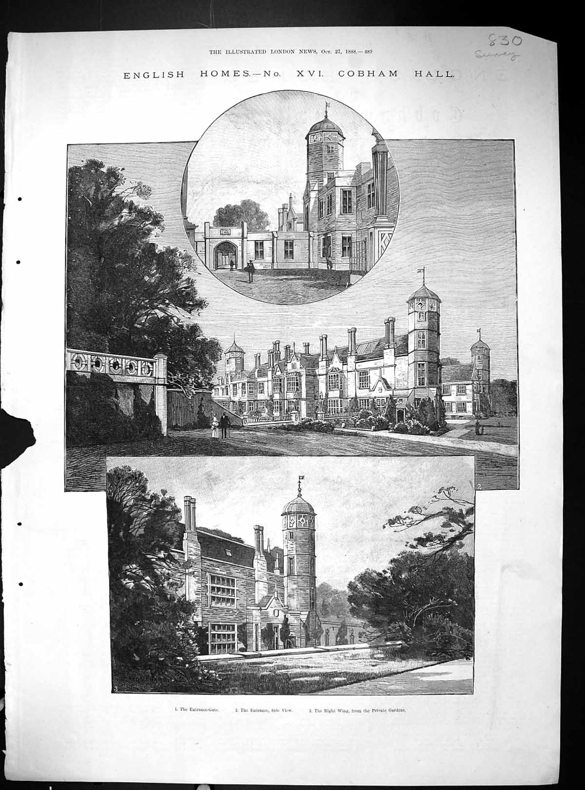 Old 1888 Cobham Hall England Entrance Gate Private Gardens Architectu 19th