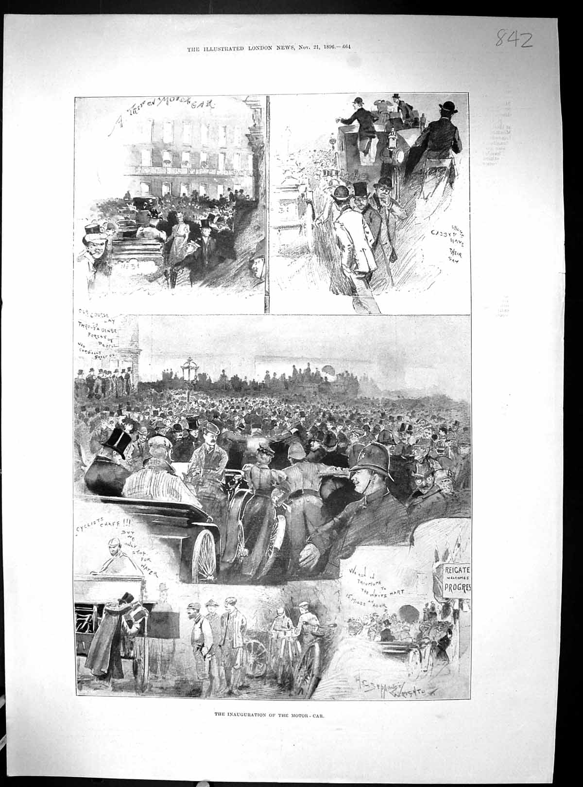 Antique Old Print 1896 Inauguration Motor Car Reigate Transport Photographs