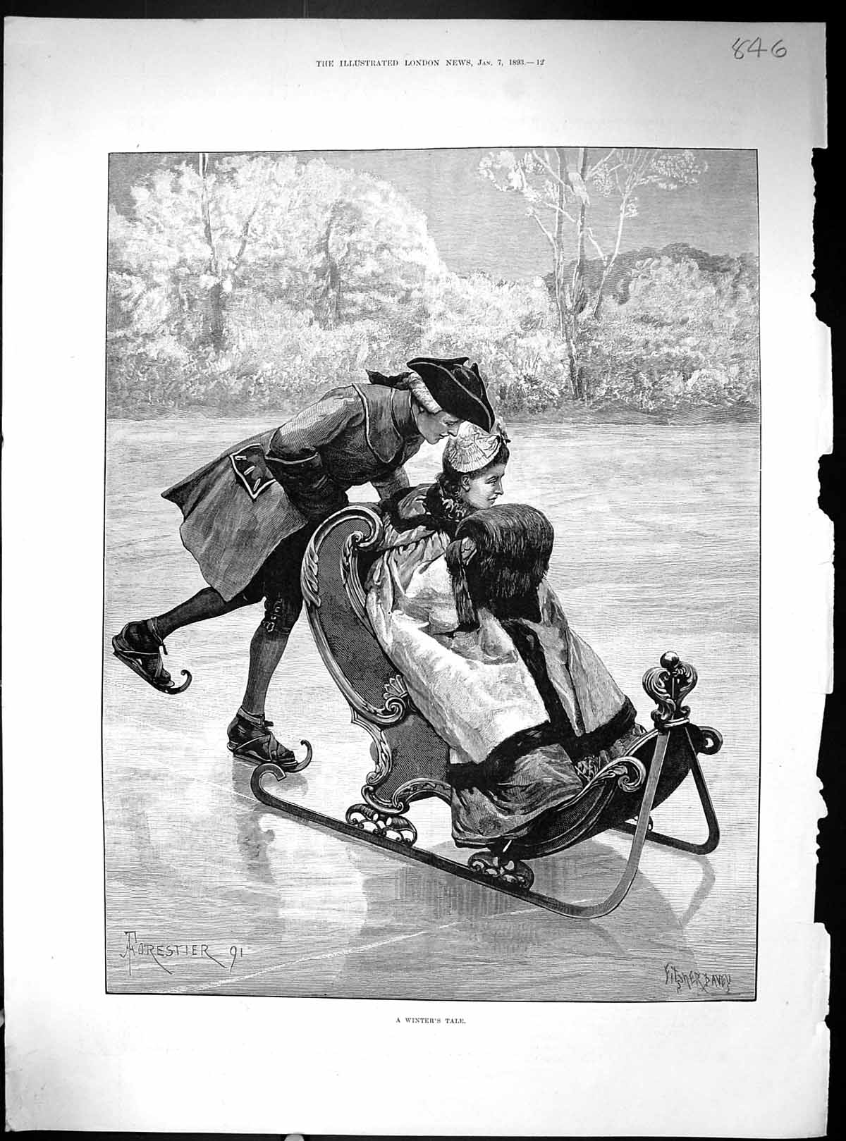 Old 1893 Winters Tale Ice Skating Sledge Romance Junior Constitutiona 19th