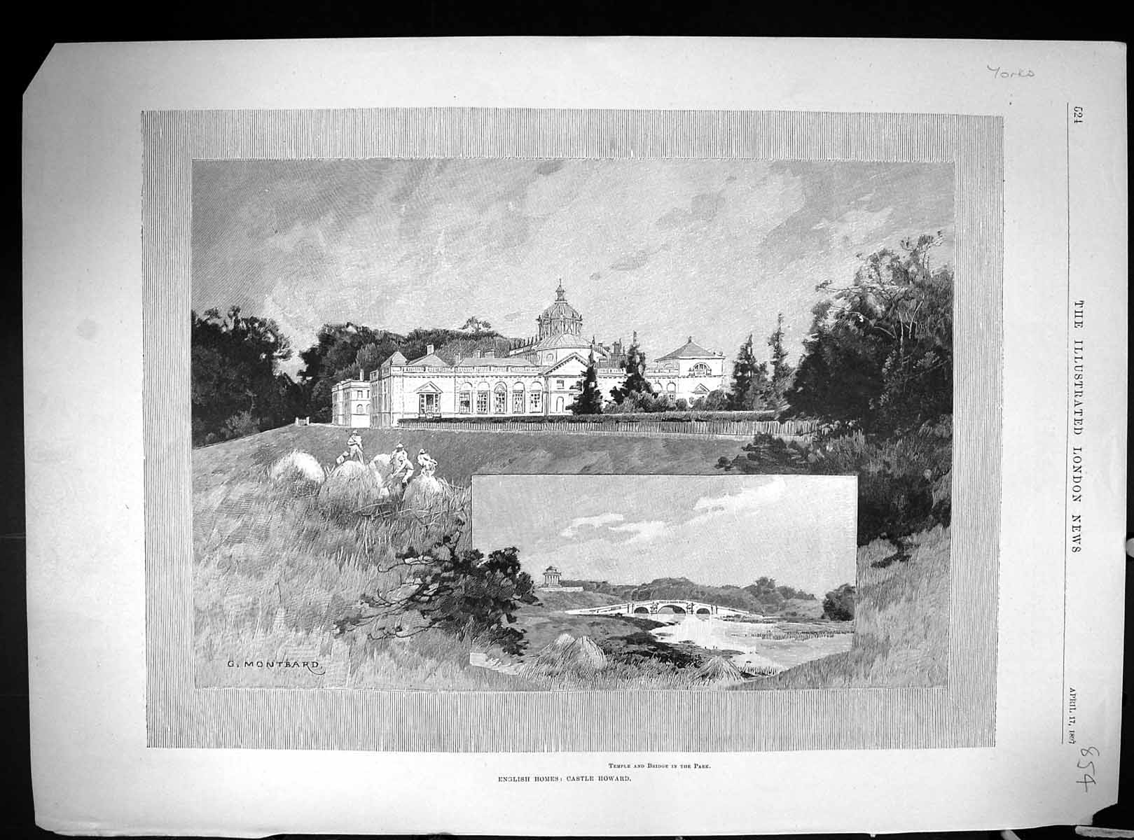 Old 1897 England Architecture Castle Howard Temple Bridge Park Centra 19th