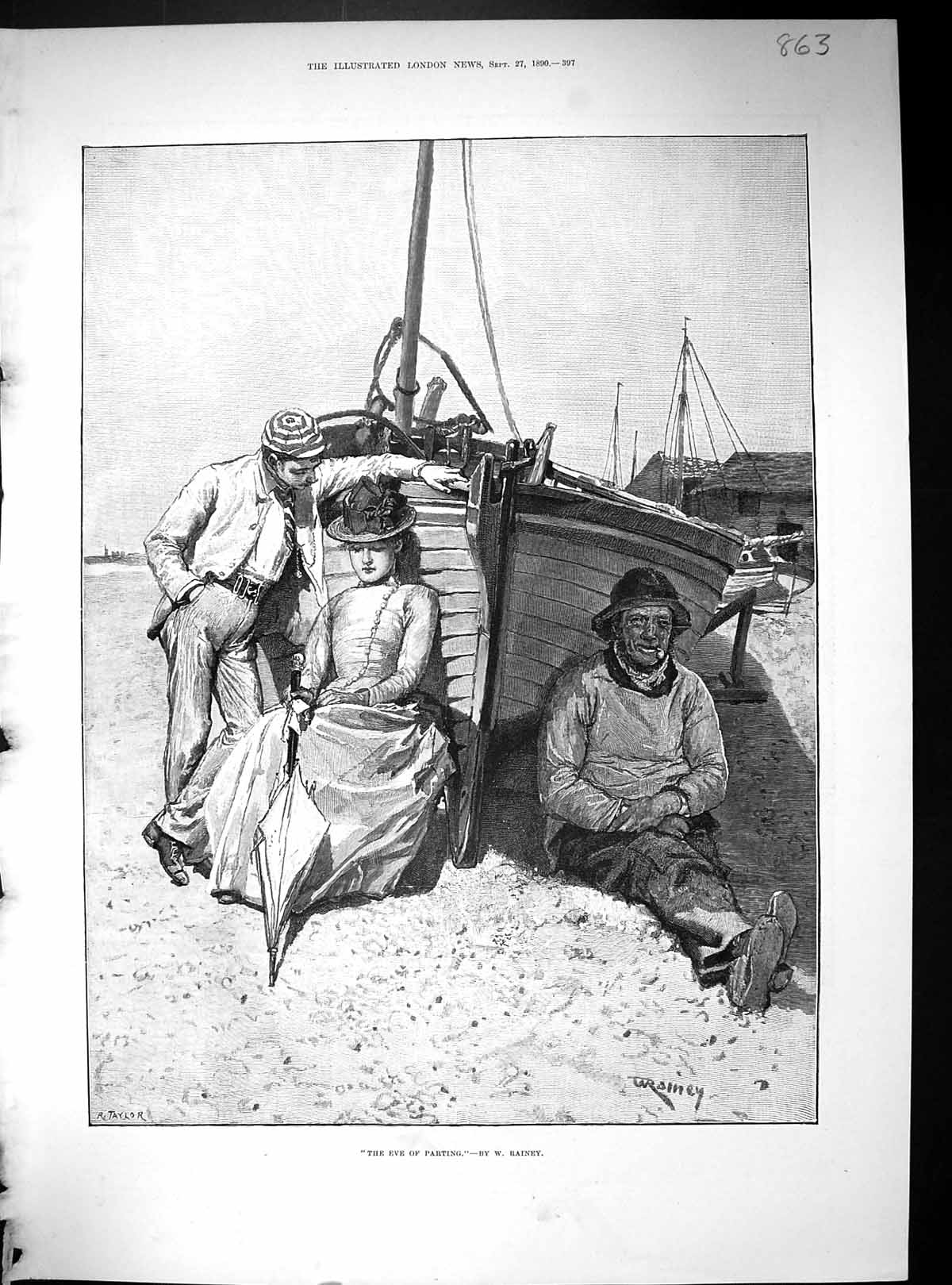 Old 1890 Fisherman Lady Man Boat Beach Scene Rainey Merveilleuse Natu 19th