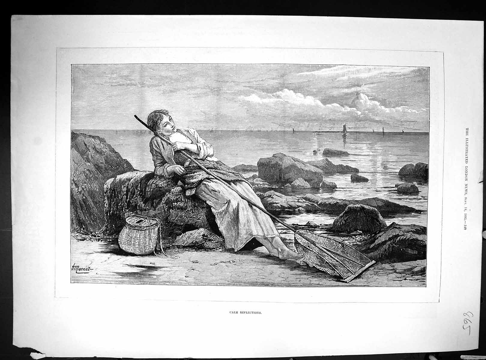 Old 1895 Calm Refelctions Lady Beach Fishing Net Preston Tower Post O 19th
