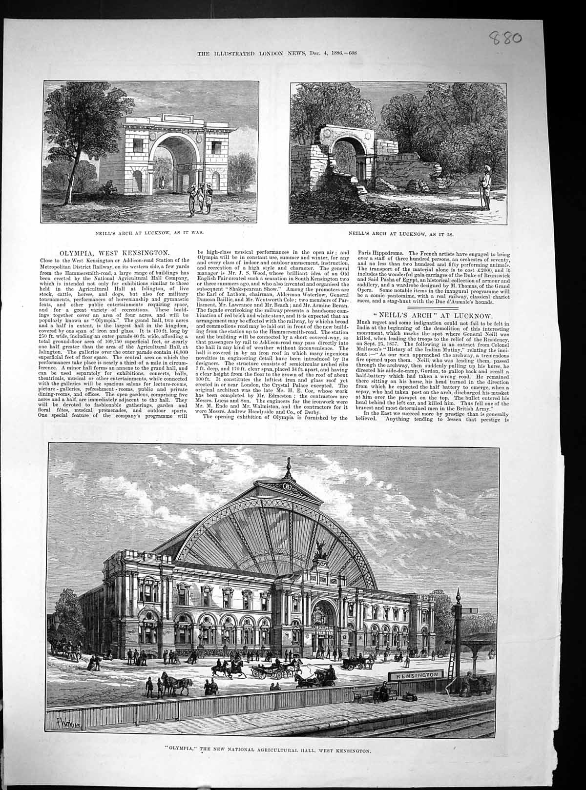 Old 1886 Olympia Agricultural Hall Kensington Neill'S Arch Lucknow Pe 19th